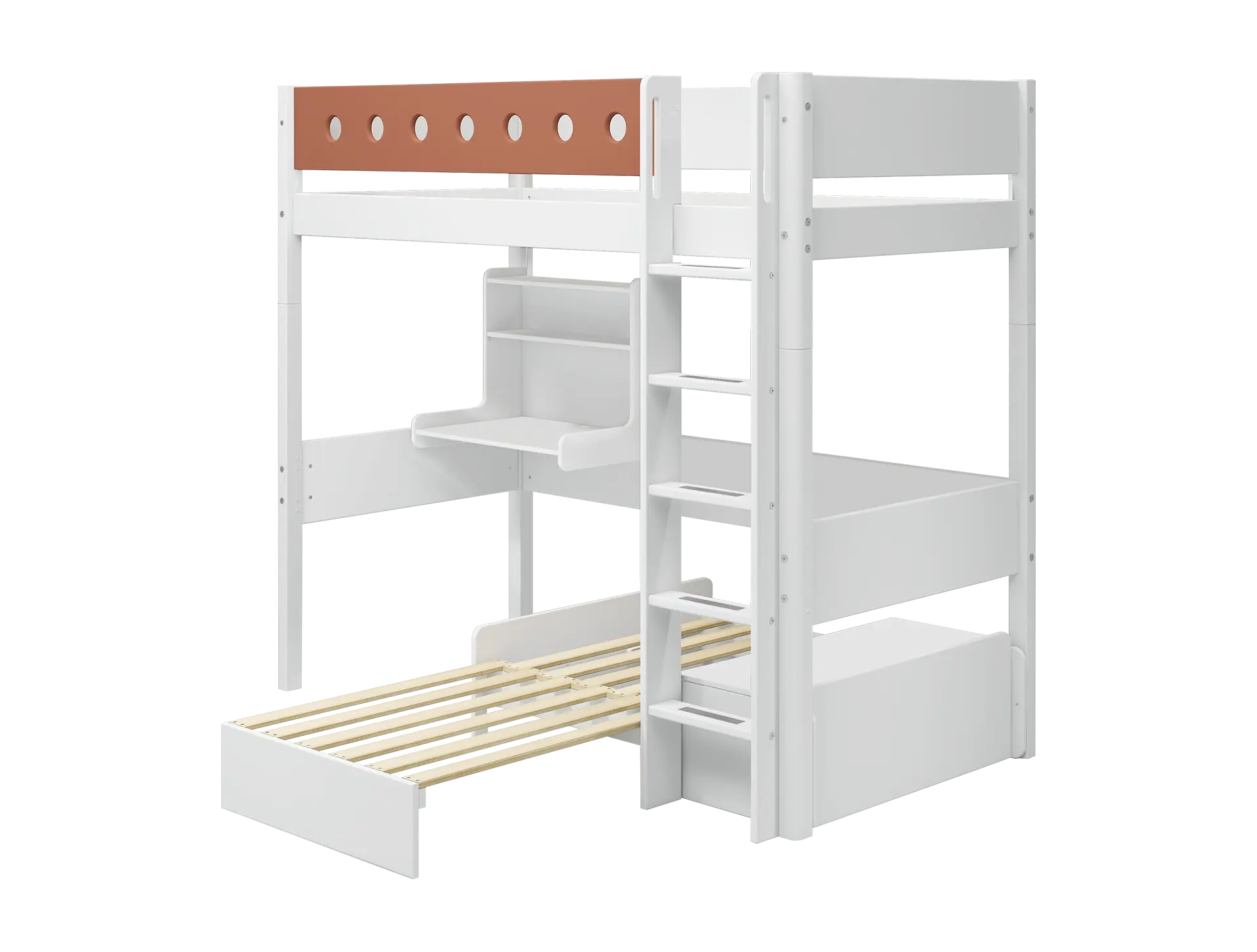 High Bed 184 cm with Desk, Sofa, Ladder and Safety Rail, 90x200 cm, White