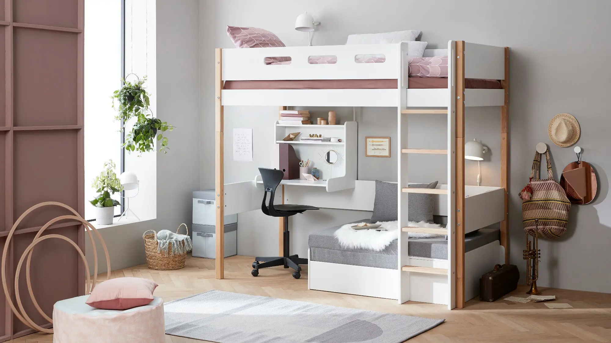 High Bed 184 cm with Sofa, Desk, Ladder and Safety Rail, 90x200 cm, White/Oak - Image 2