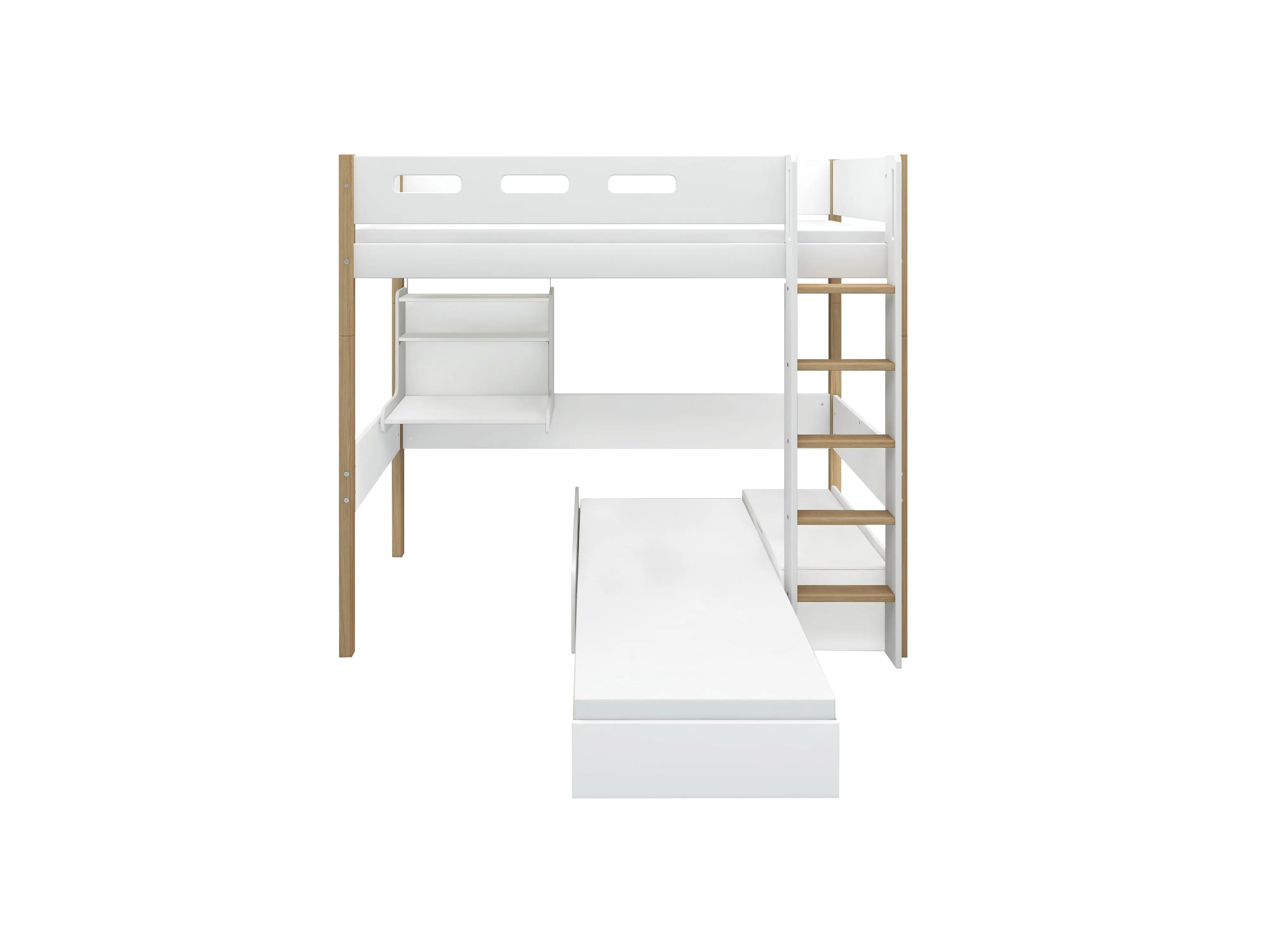 High Bed 184 cm with Sofa, Desk, Ladder and Safety Rail, 90x200 cm, White/Oak - Image 3