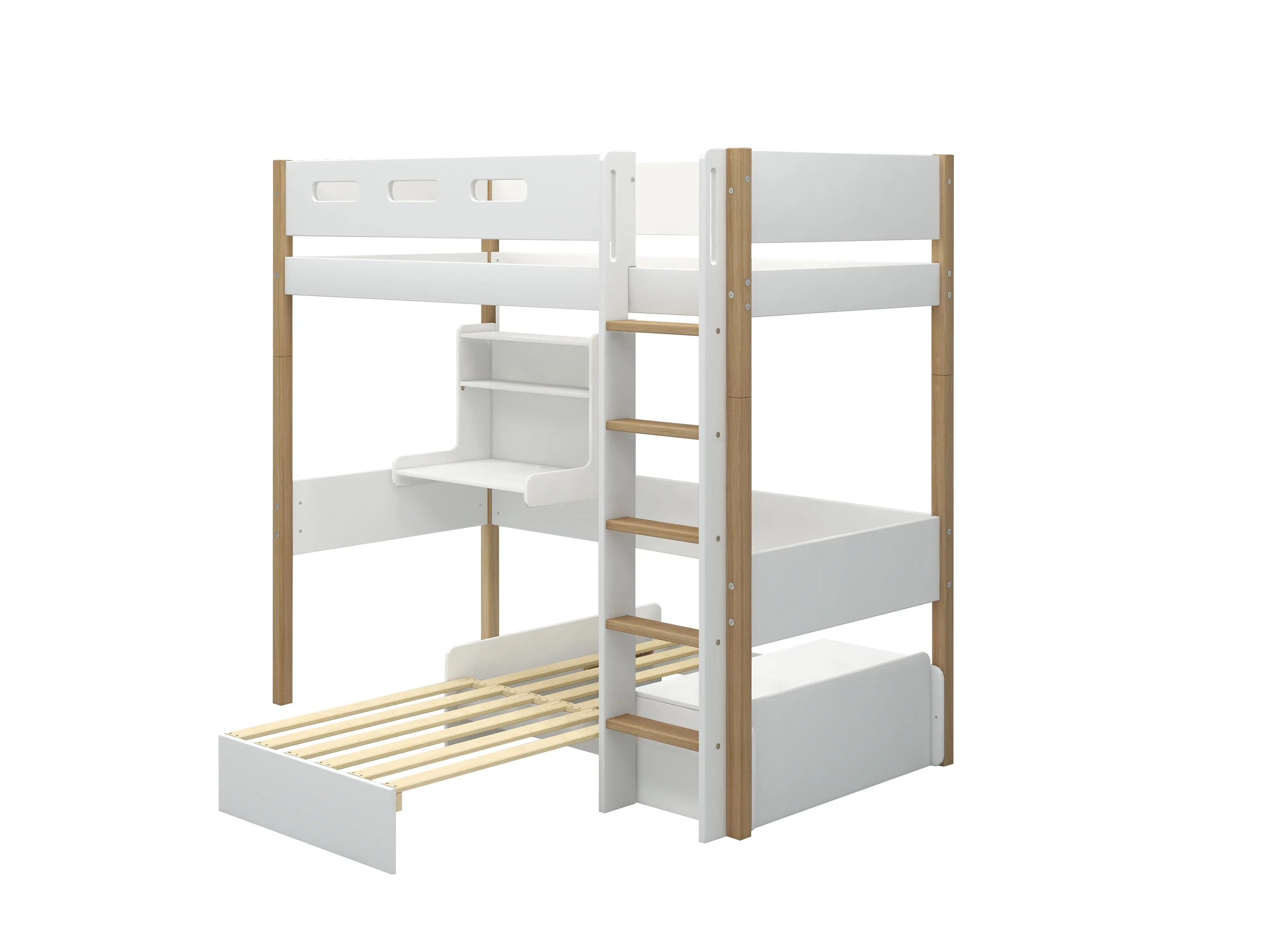 High Bed 184 cm with Sofa, Desk, Ladder and Safety Rail, 90x200 cm, White/Oak - Image 4