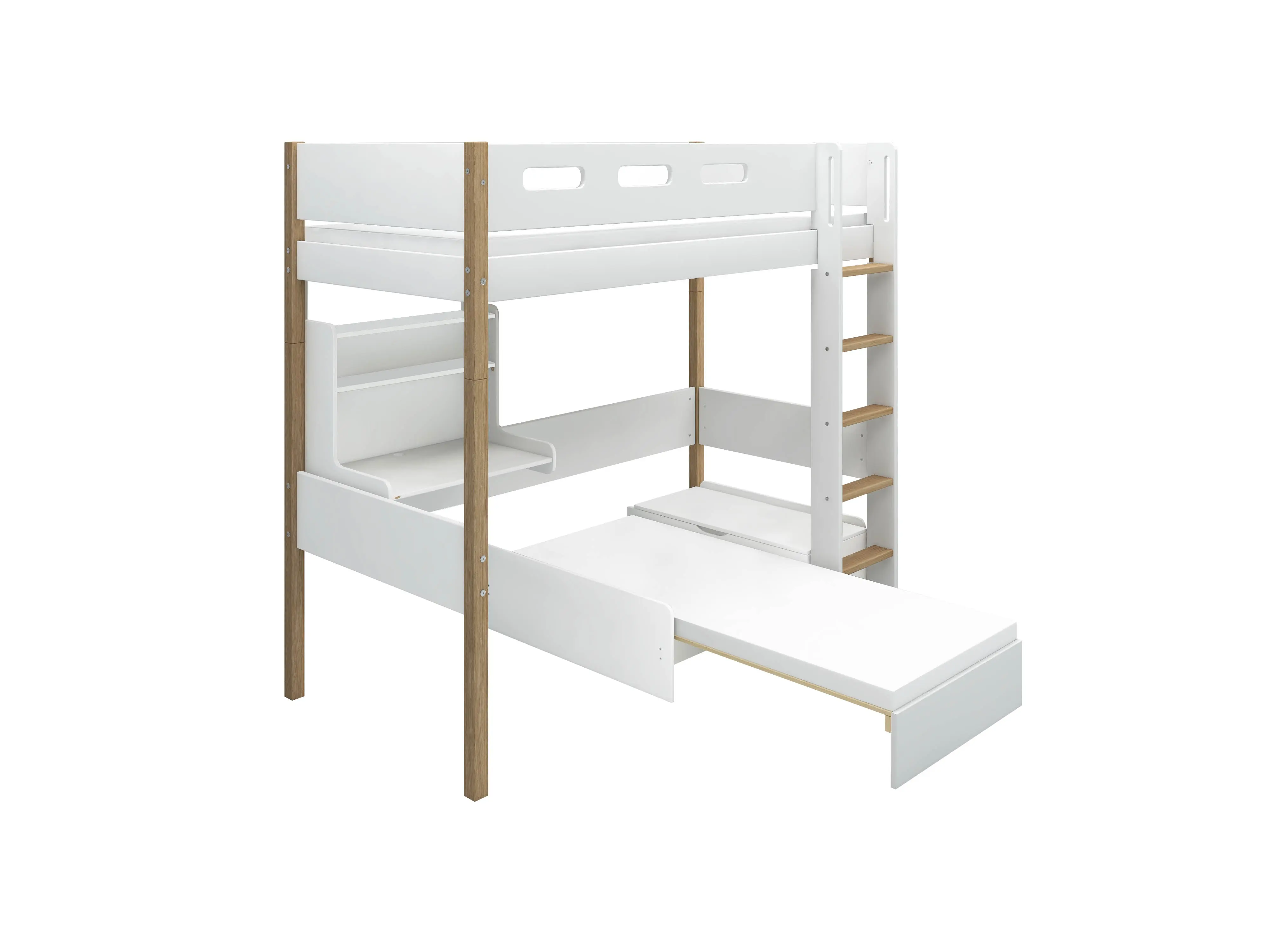 High Bed 184 cm with Sofa, Desk, Ladder and Safety Rail, 90x200 cm, White/Oak - Image 5