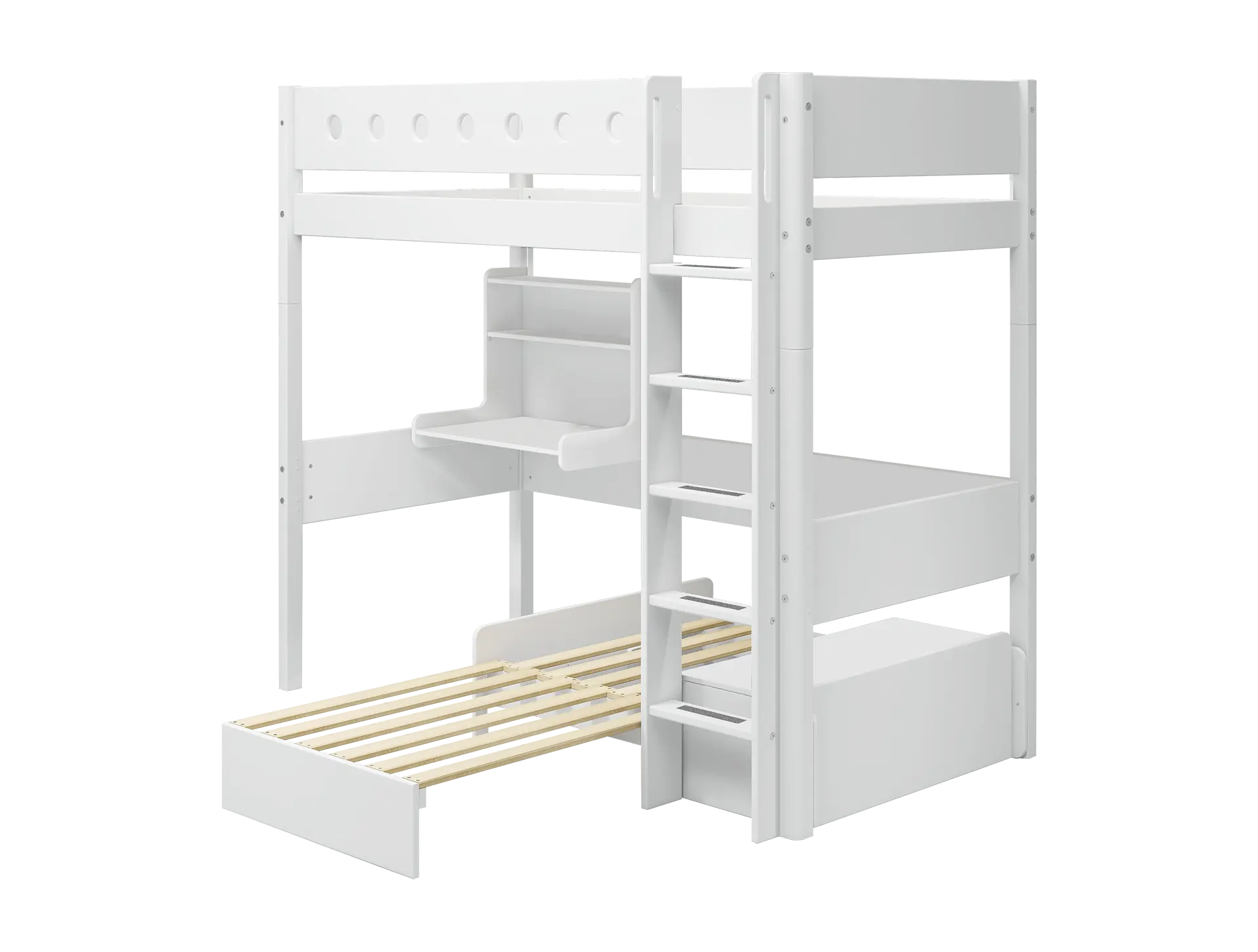 High Bed 184 cm with Desk, Sofa, Ladder and Safety Rail, 90x200 cm, White
