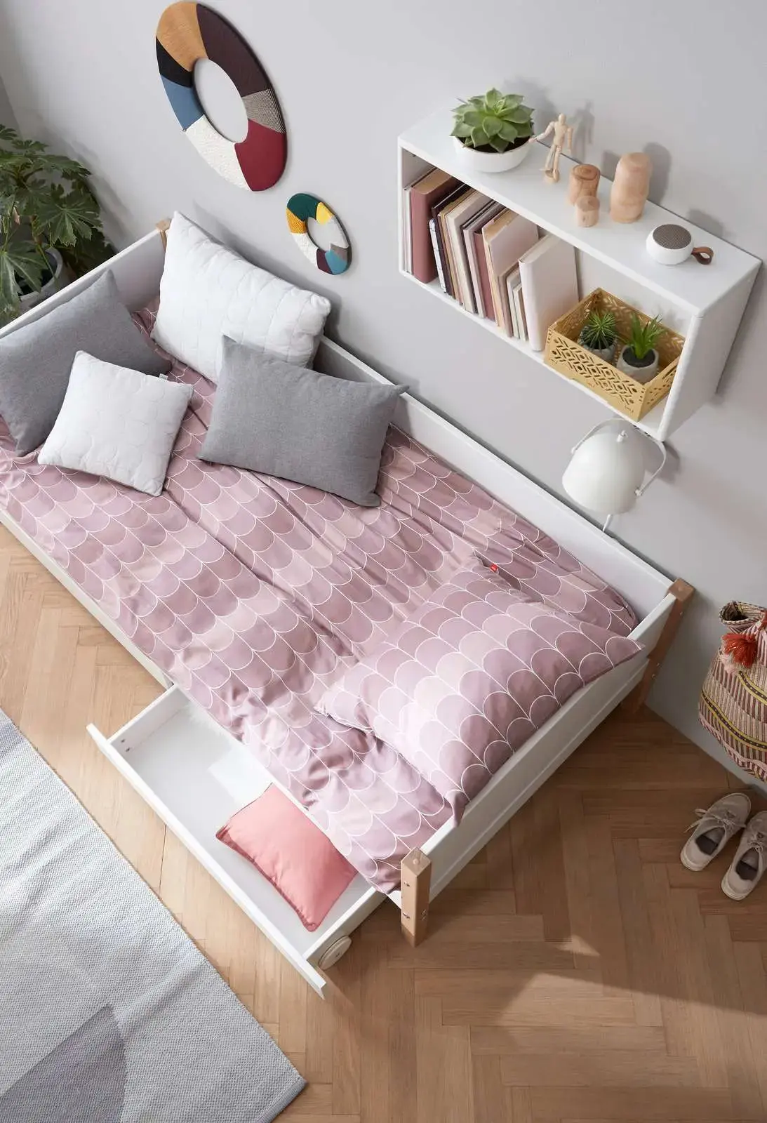 Single Bed with Storage, 90x200 cm, White/Oak - Image 3
