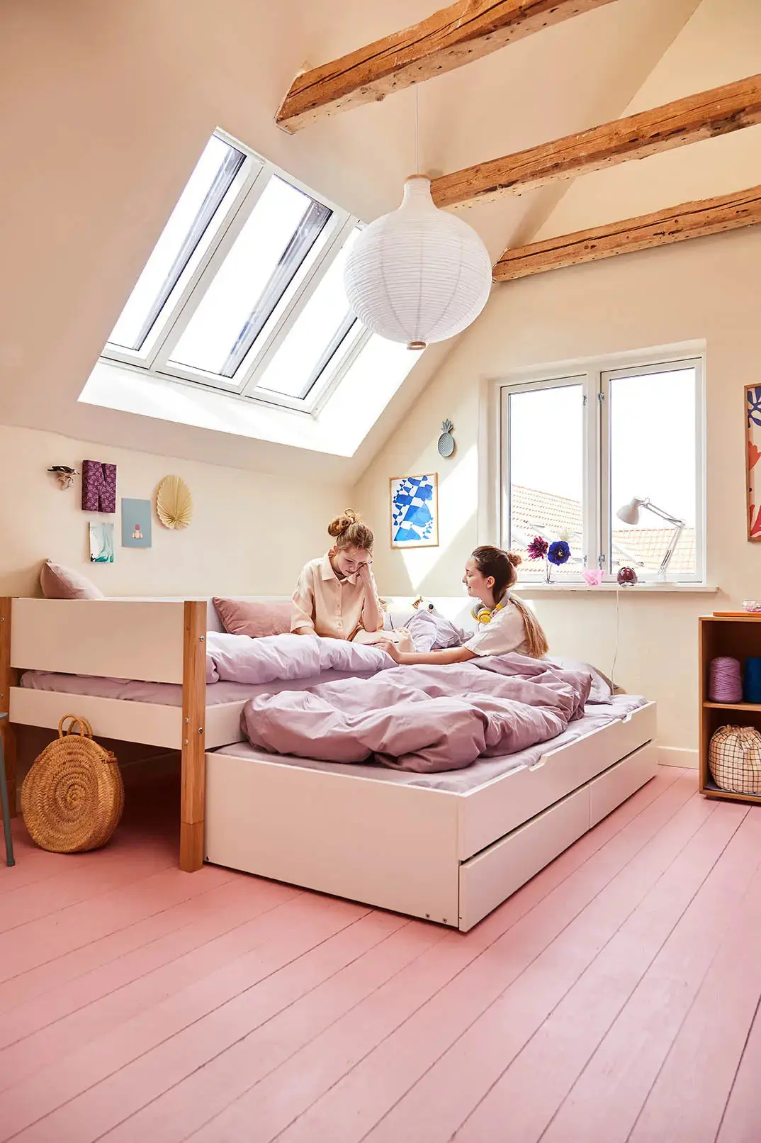 Single Bed with Storage and Pull-out Bed, 90x200 cm, White/Oak - Image 2
