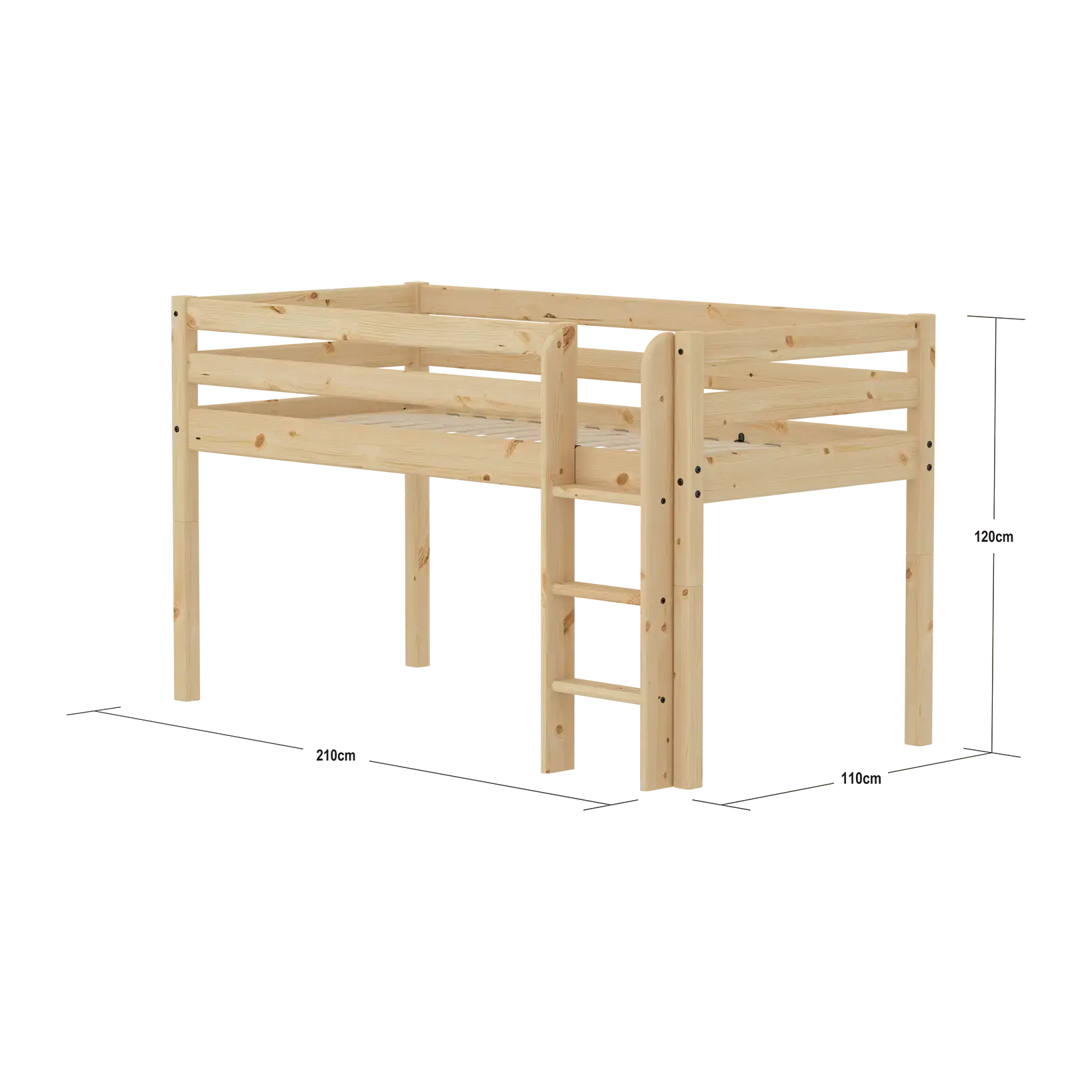 Mid-High Bed with Safety Rails, 90x200 cm, Pine - Image 5