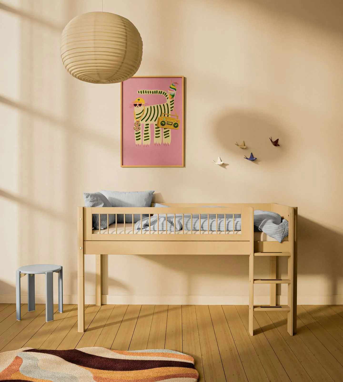 High Bed 120 cm with Ladder and Safety Rail, 90x200 cm, Sand - Image 2