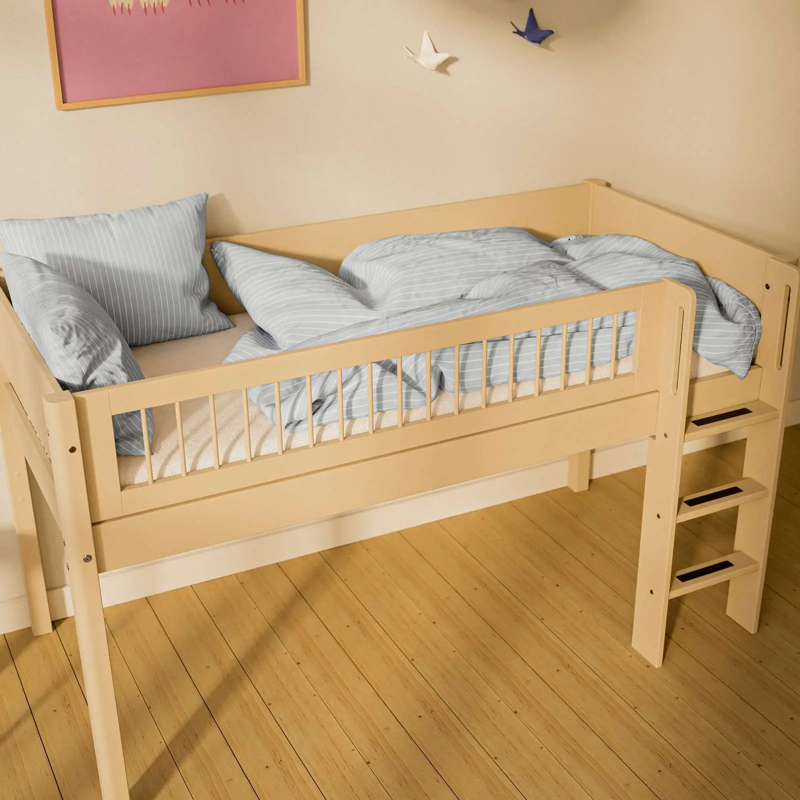 High Bed 120 cm with Ladder and Safety Rail, 90x200 cm, Sand - Image 3