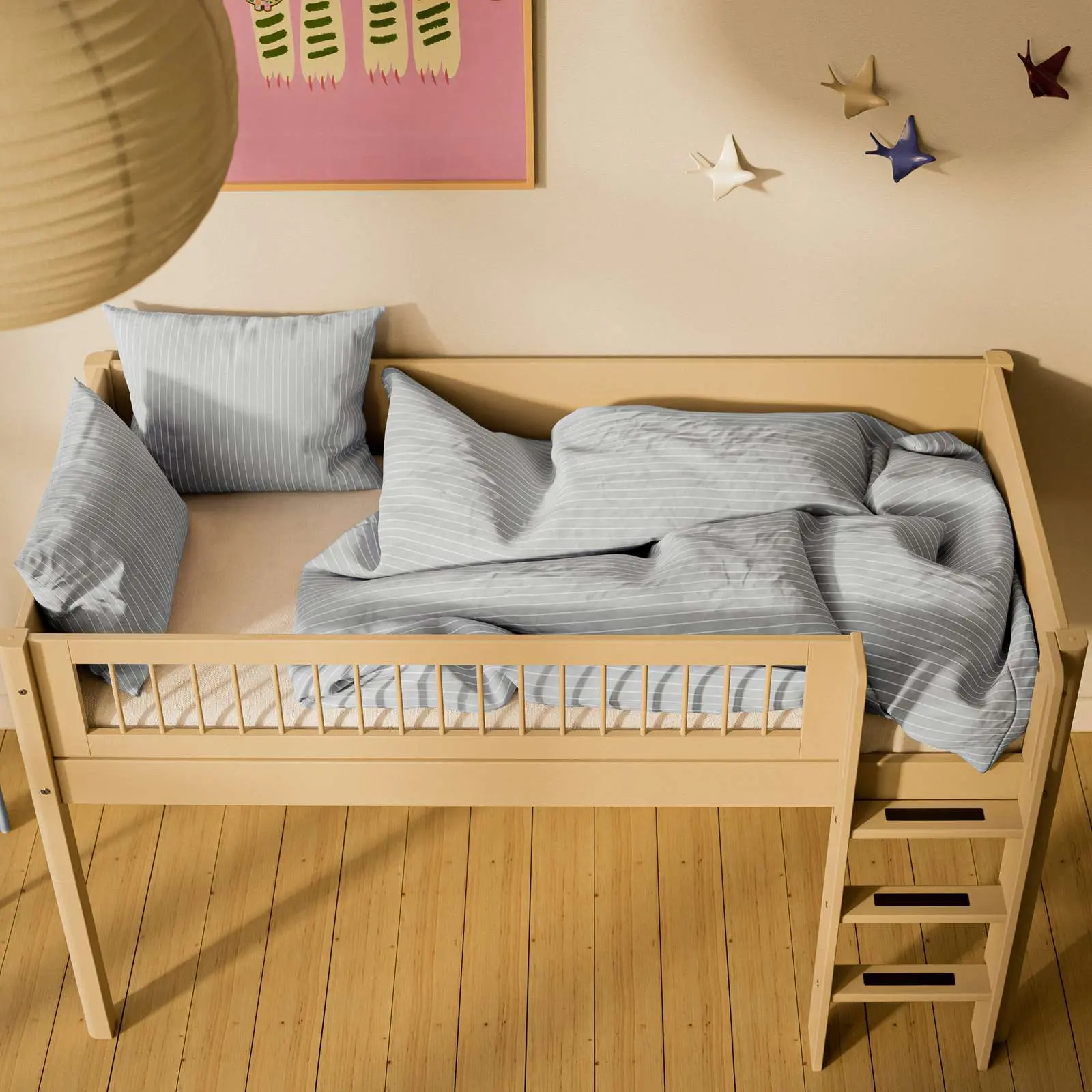 High Bed 120 cm with Ladder and Safety Rail, 90x200 cm, Sand - Image 5