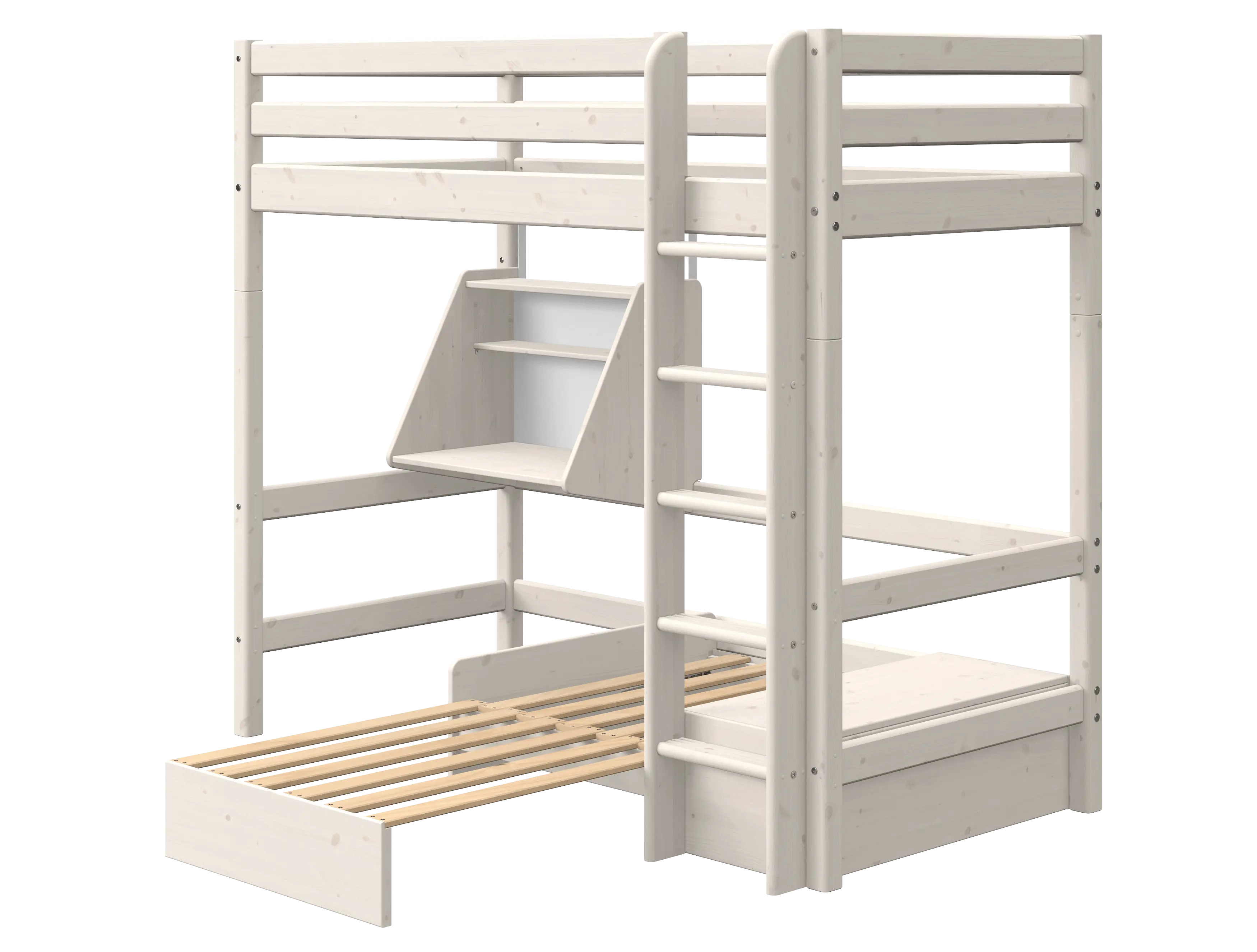 High Bed 184 cm with Sofa, Desk, Ladder and Safety Rail, 90x200 cm, White