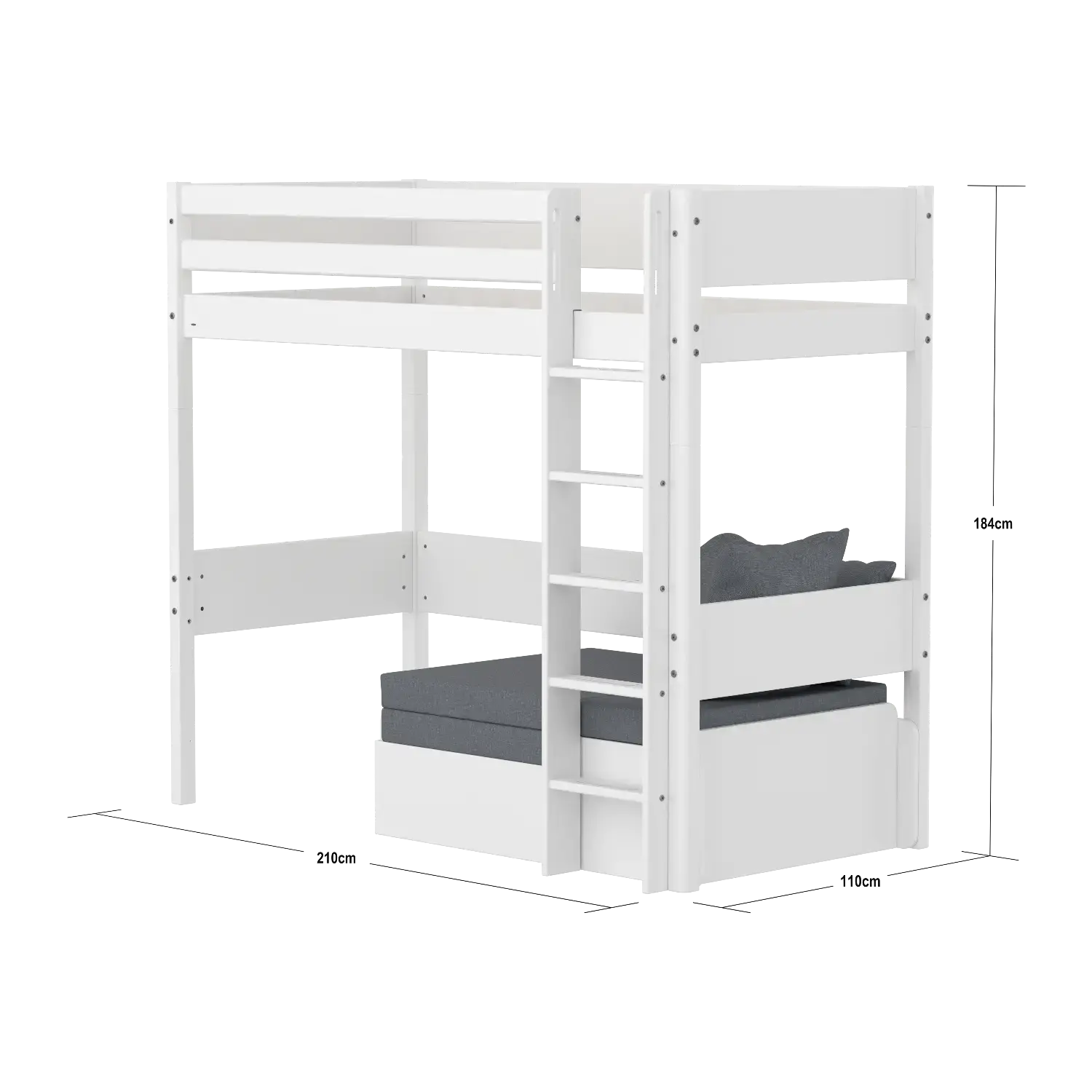 High bed with straight ladder, 90x200 cm, White - Image 9