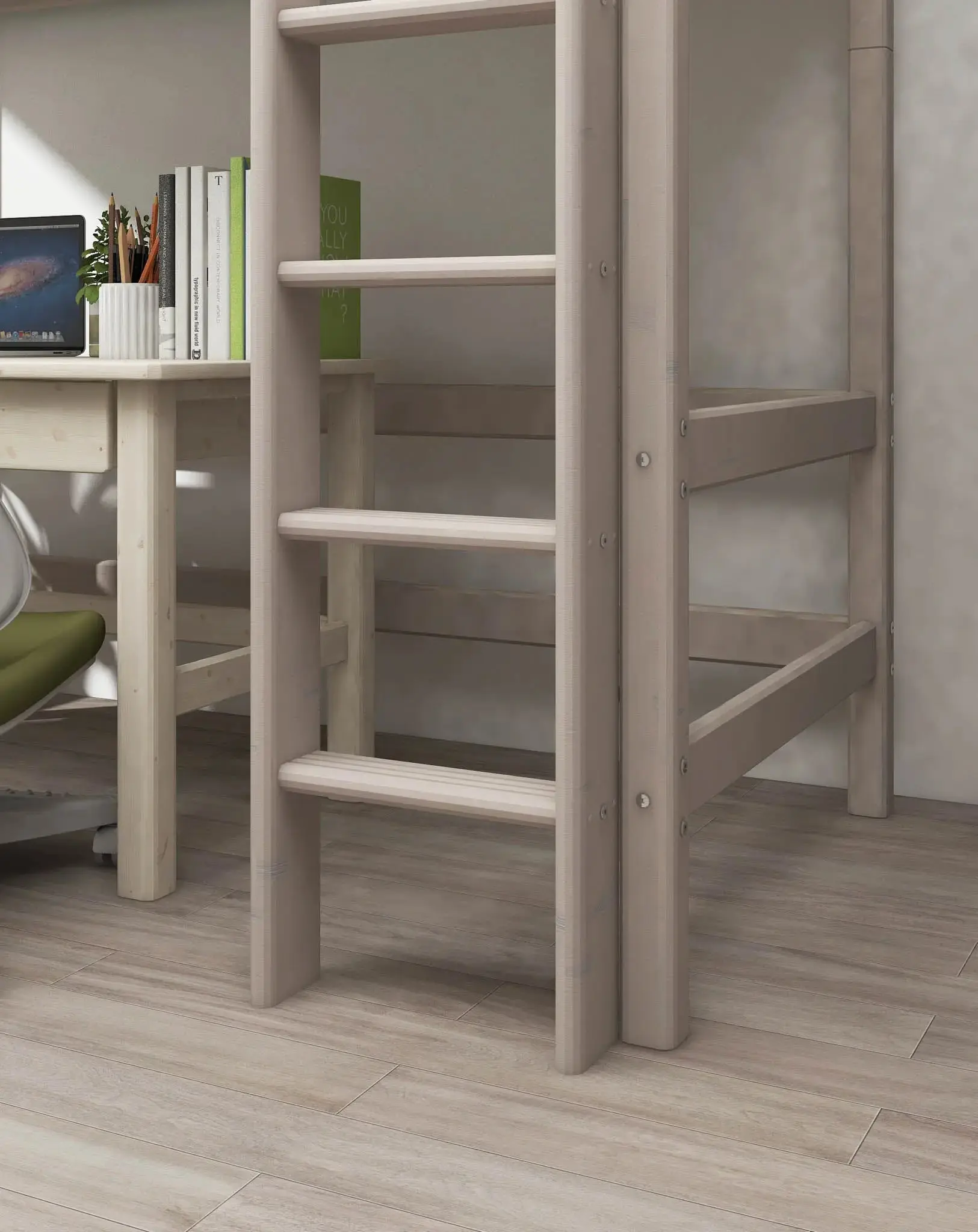 High Bed 184 cm with Safety Rail and Ladder, 90x200 cm, Grey - Image 2