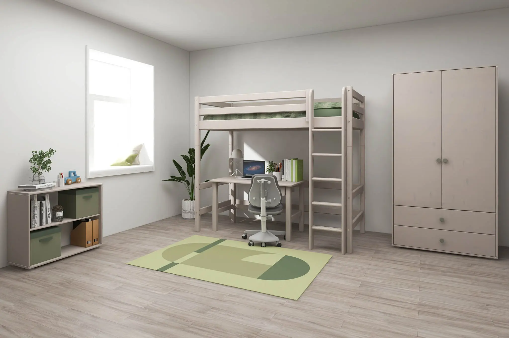 High Bed 184 cm with Safety Rail and Ladder, 90x200 cm, Grey - Image 3