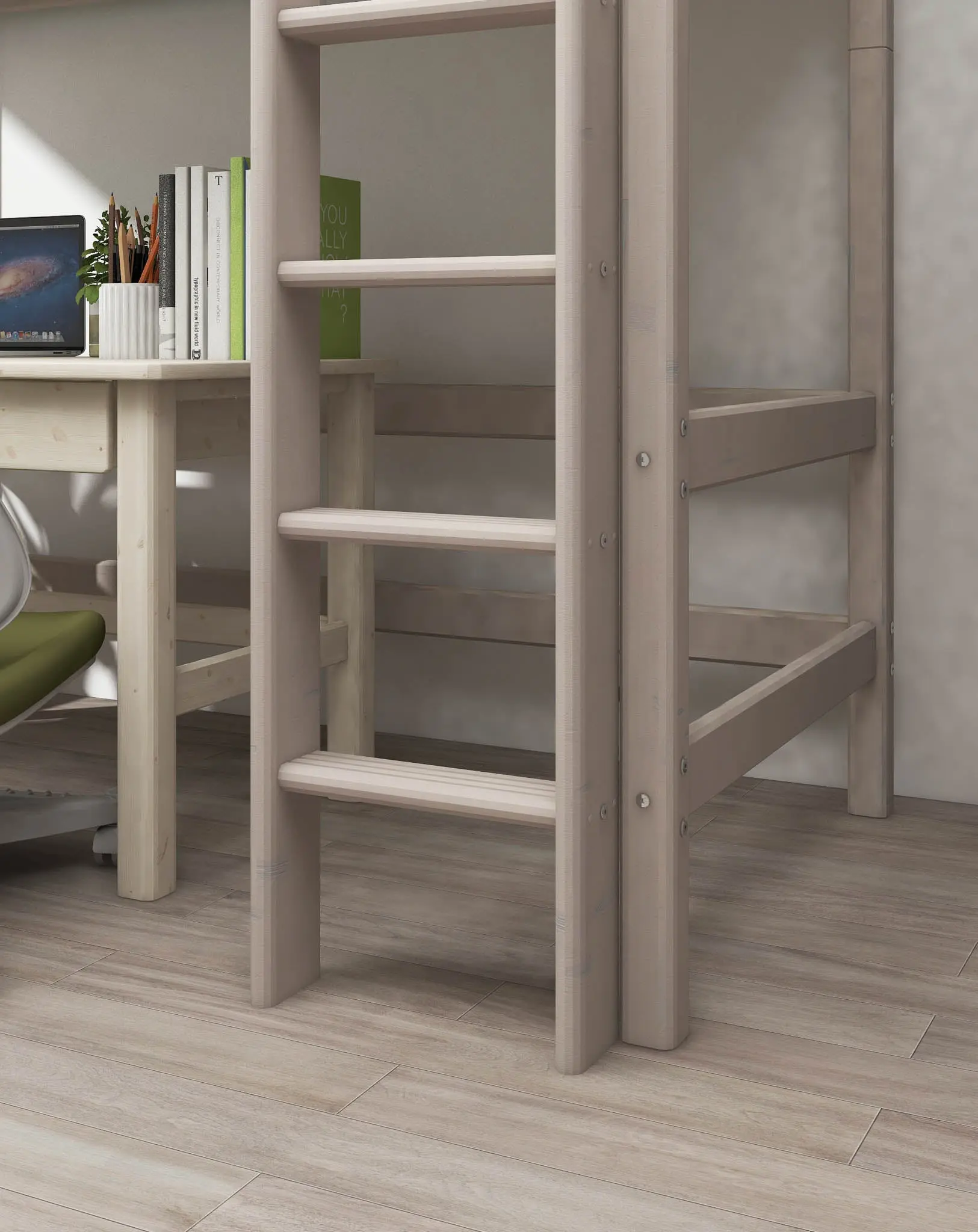 High Bed 184 cm with Ladder and Safety Rail, 90x200 cm, White - Image 3