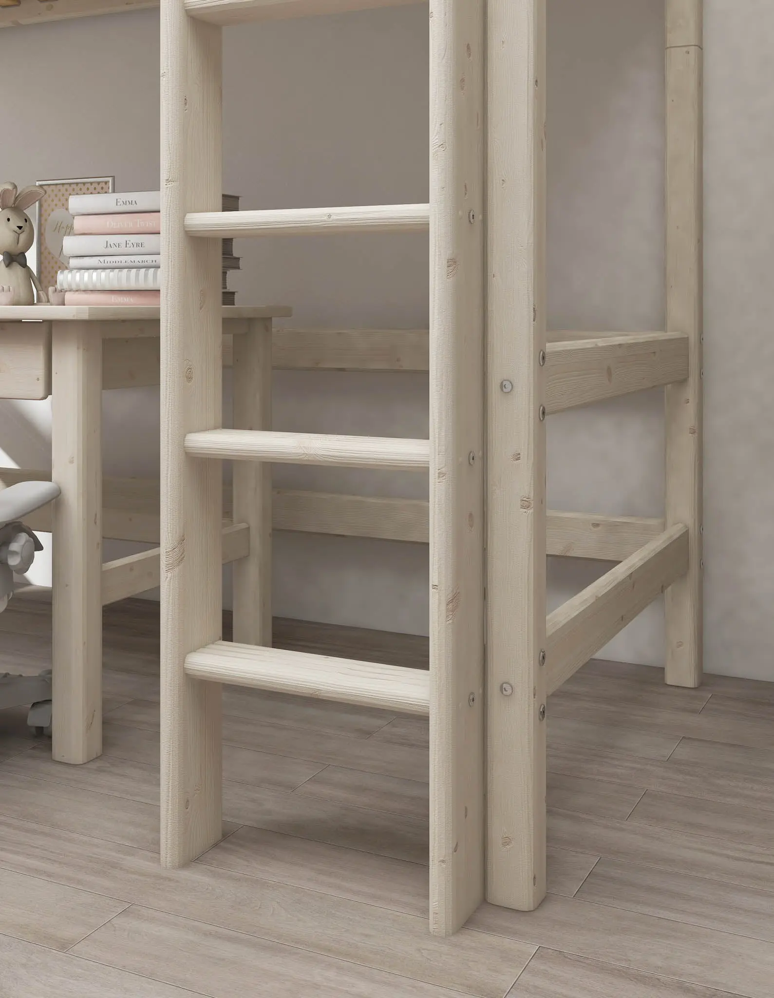 High Bed 184 cm with Ladder and Safety Rail, 90x200 cm, White - Image 4