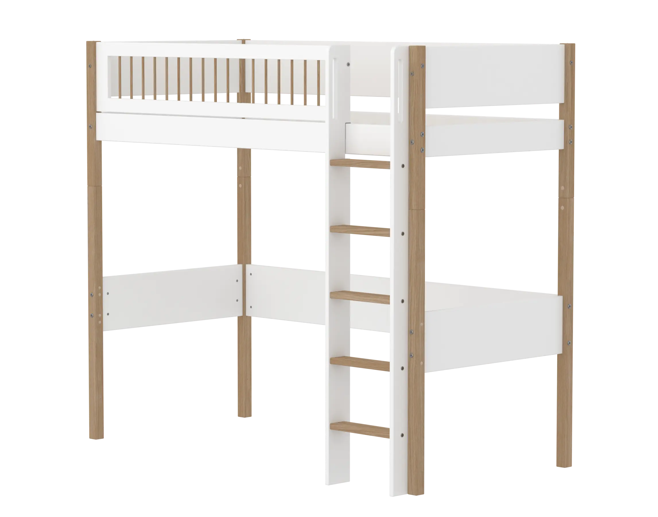 High Bed 184 cm with Ladder and Safety Rail, 90x200 cm, White/Oak