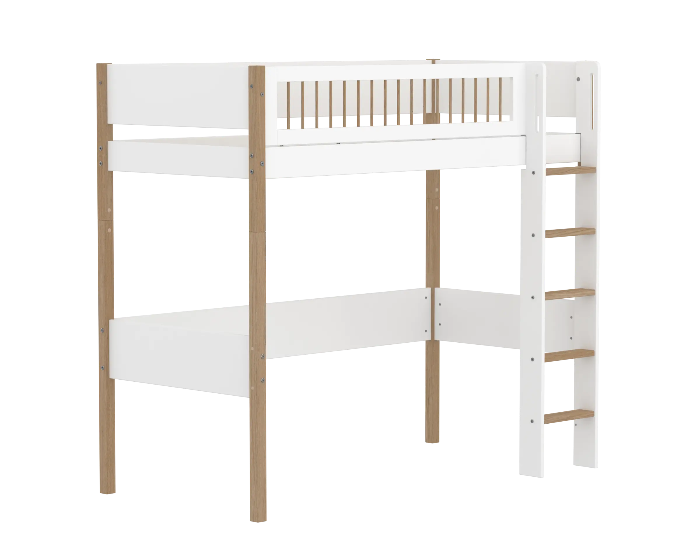High Bed 184 cm with Ladder and Safety Rail, 90x200 cm, White/Oak - Image 3