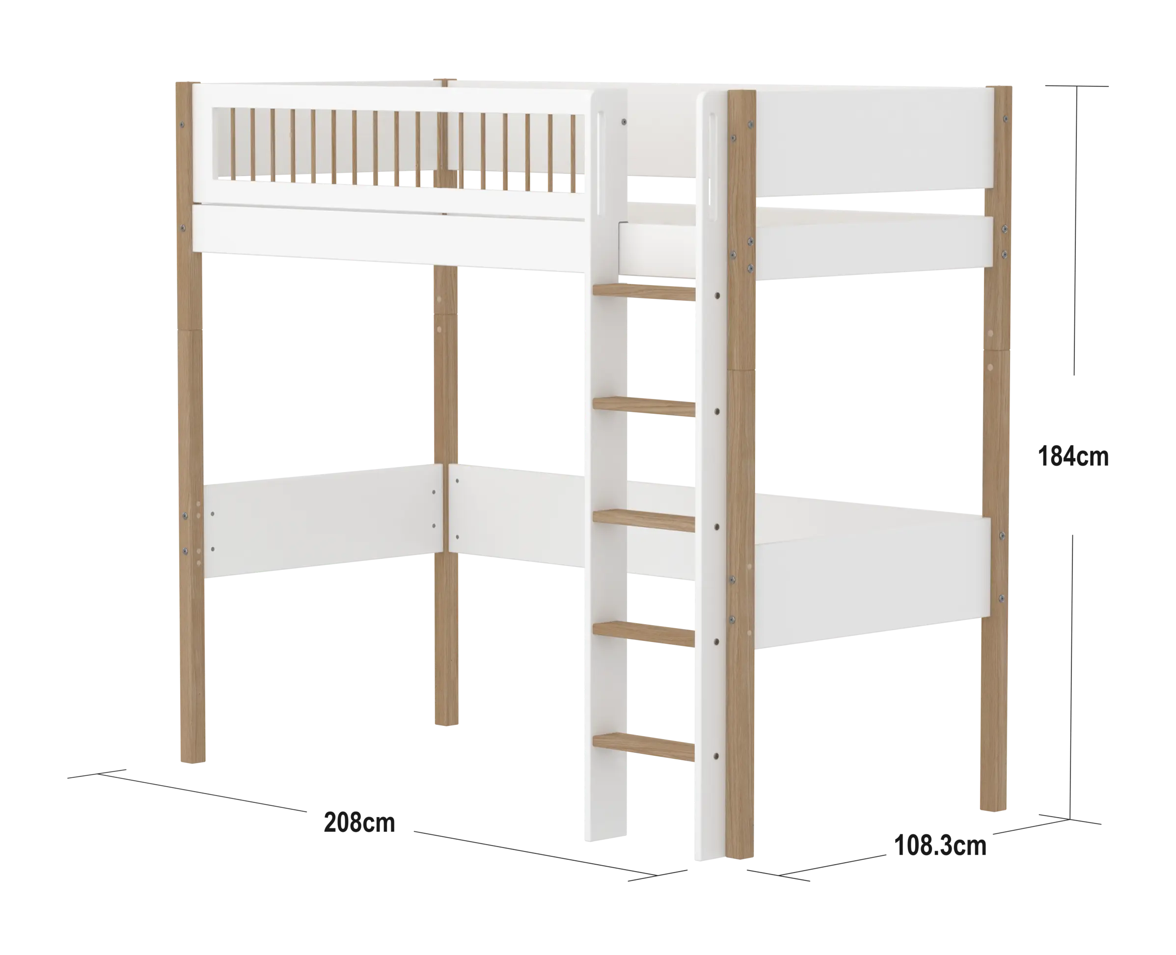 High Bed 184 cm with Ladder and Safety Rail, 90x200 cm, White/Oak - Image 4