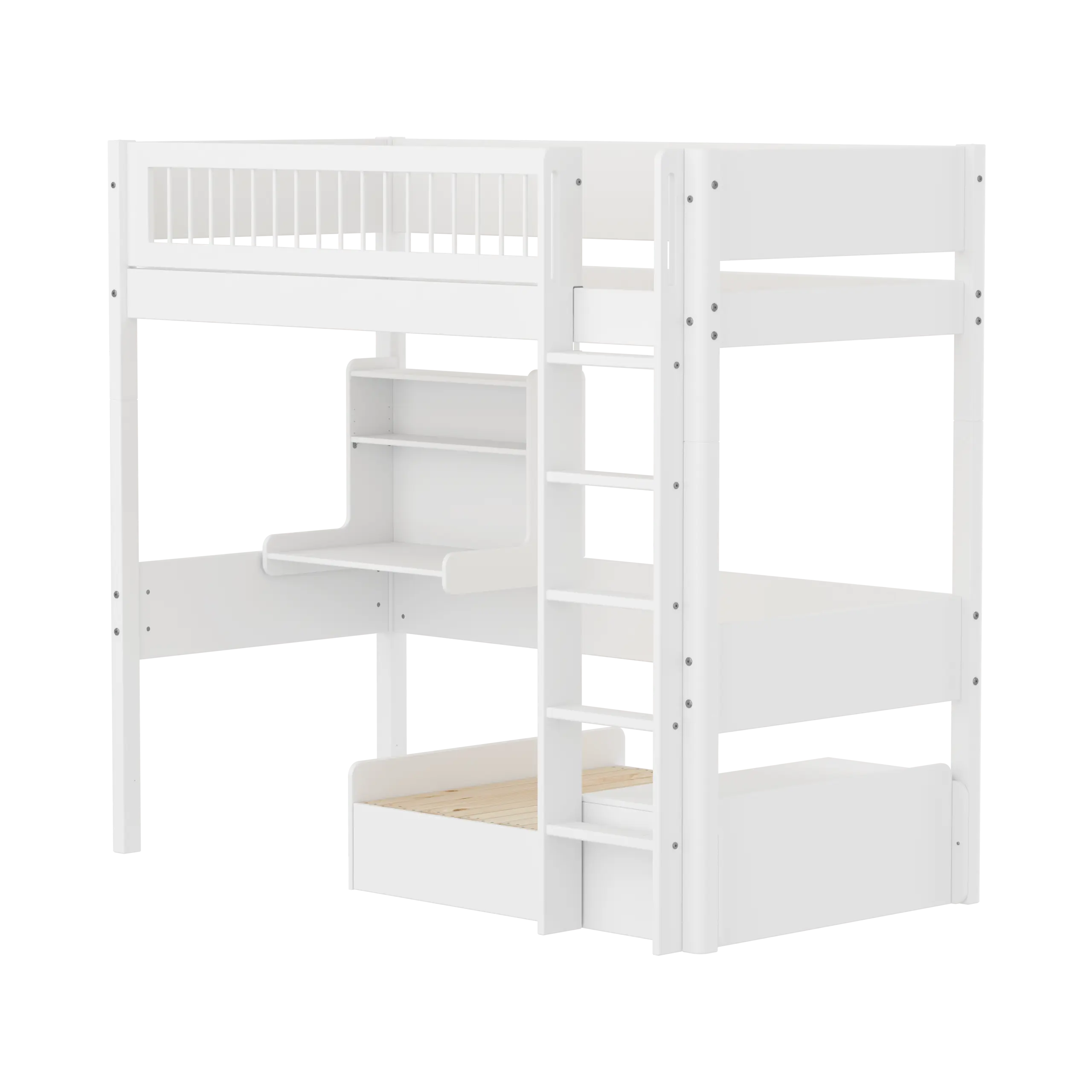 High Bed 184 cm with Sofa, Desk, Ladder and Safety Rail, 90x200 cm, White