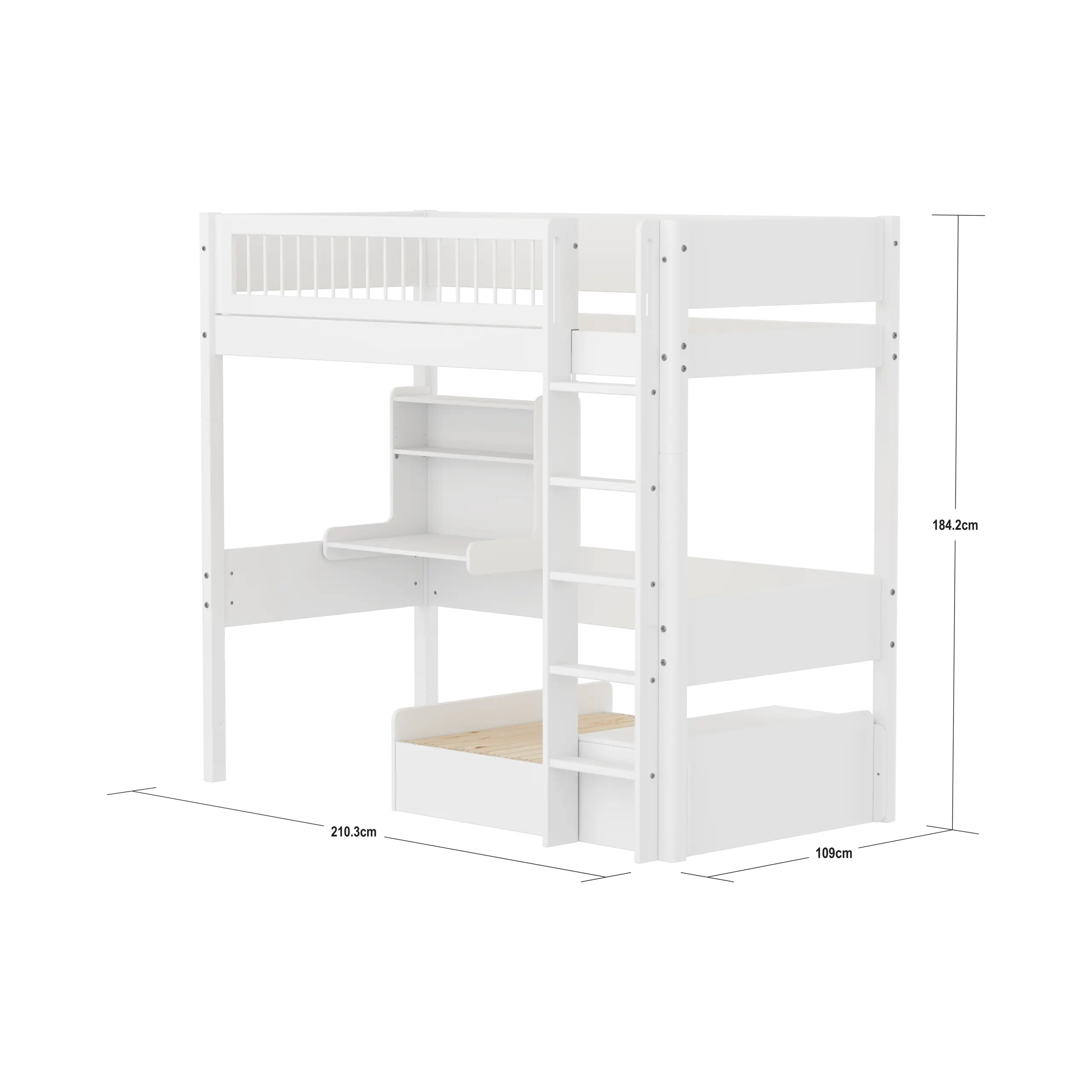 High Bed 184 cm with Sofa, Desk, Ladder and Safety Rail, 90x200 cm, White - Image 4