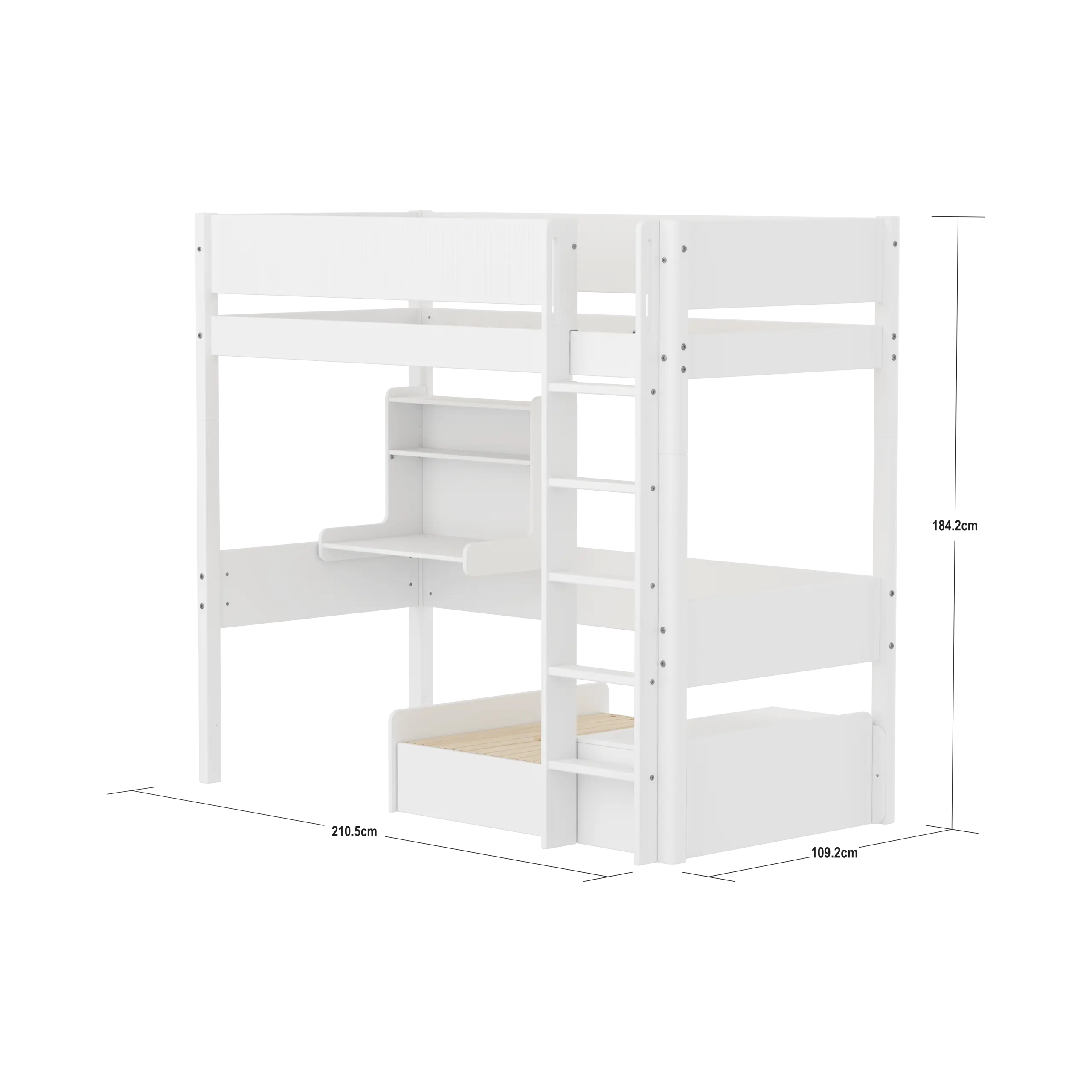 High Bed 184 cm with Sofa, Desk, Ladder and Safety Rail, 90x200 cm, White - Image 4