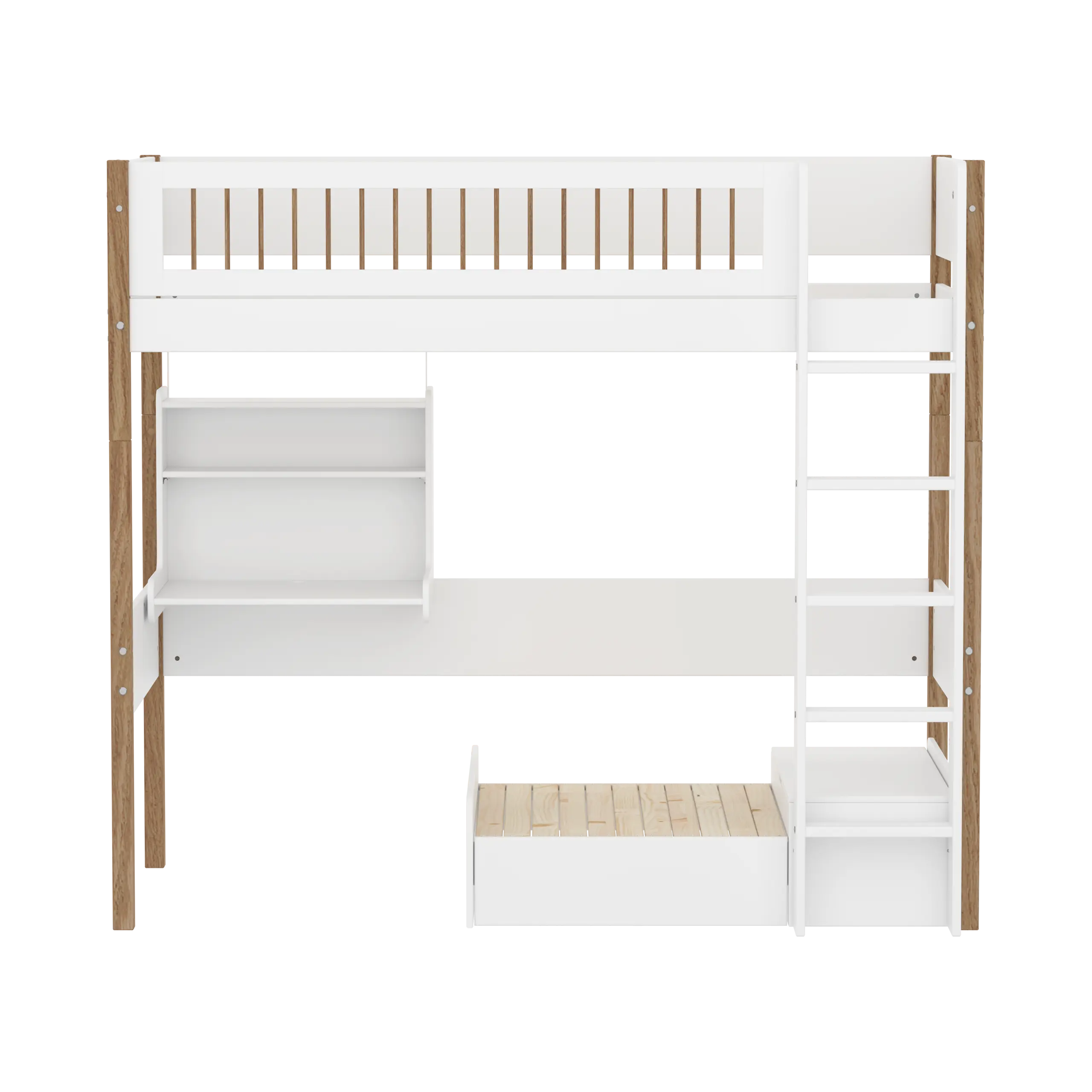 High Bed 184 cm with Sofa, Desk, Ladder and Safety Rail, 90x200 cm, White/Oak - Image 2