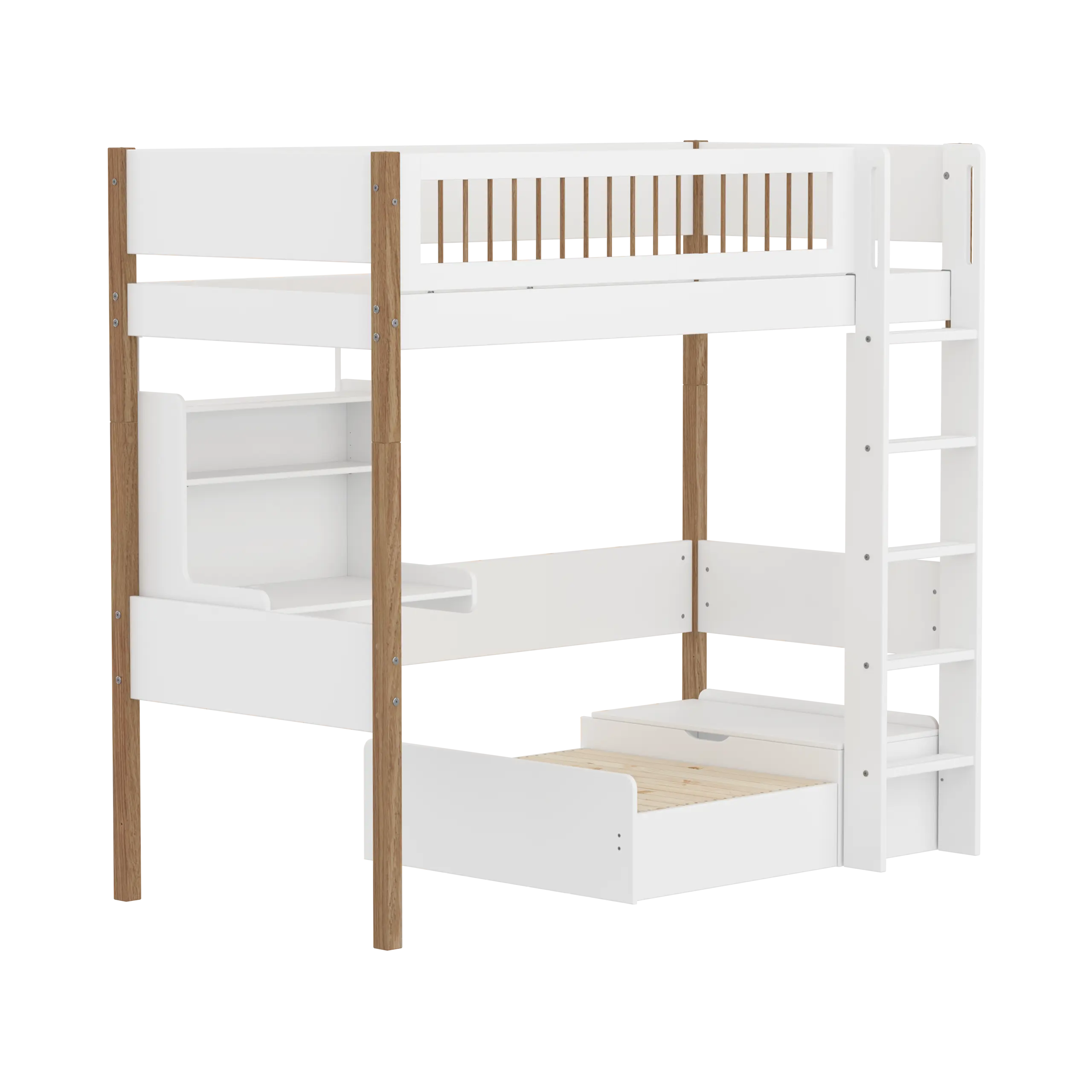 High Bed 184 cm with Sofa, Desk, Ladder and Safety Rail, 90x200 cm, White/Oak - Image 3