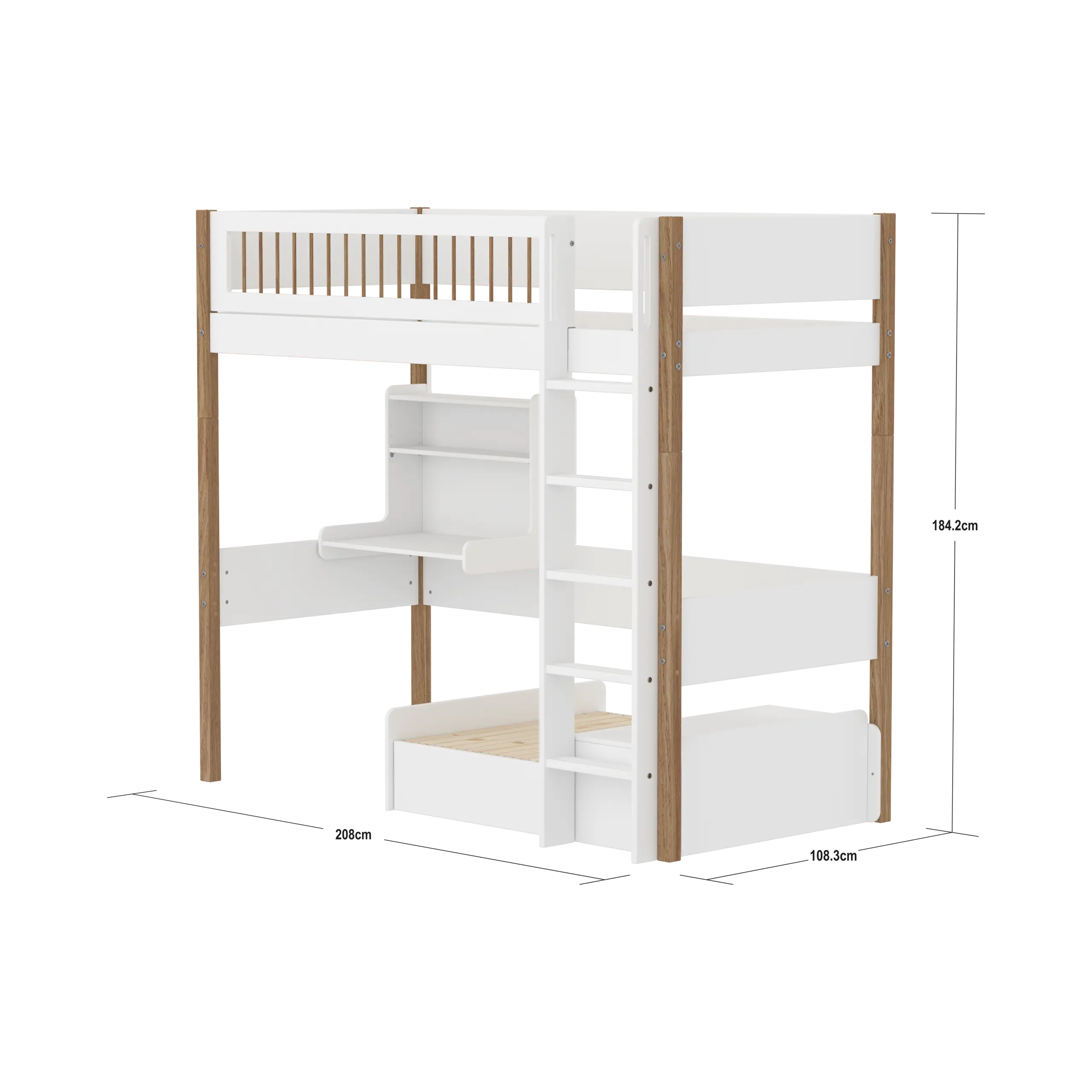High Bed 184 cm with Sofa, Desk, Ladder and Safety Rail, 90x200 cm, White/Oak - Image 4