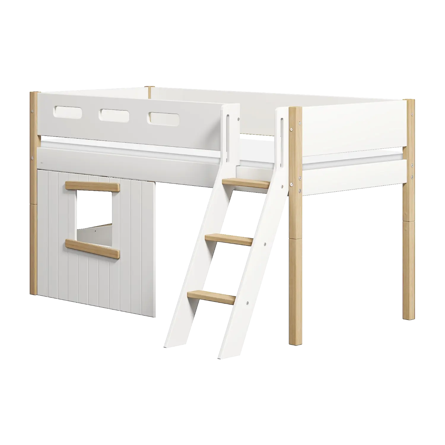 High Bed 120 cm with Treehouse, Ladder and Safety Rail, 90x200 cm, White/Oak