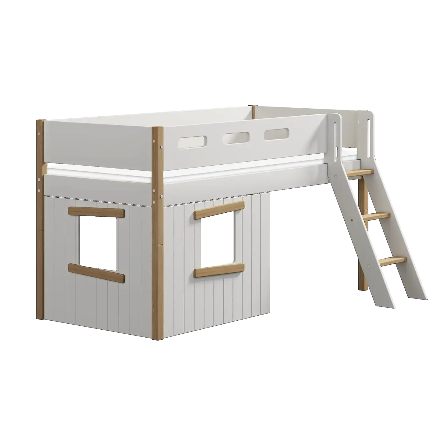 High Bed 120 cm with Treehouse, Ladder and Safety Rail, 90x200 cm, White/Oak - Image 4