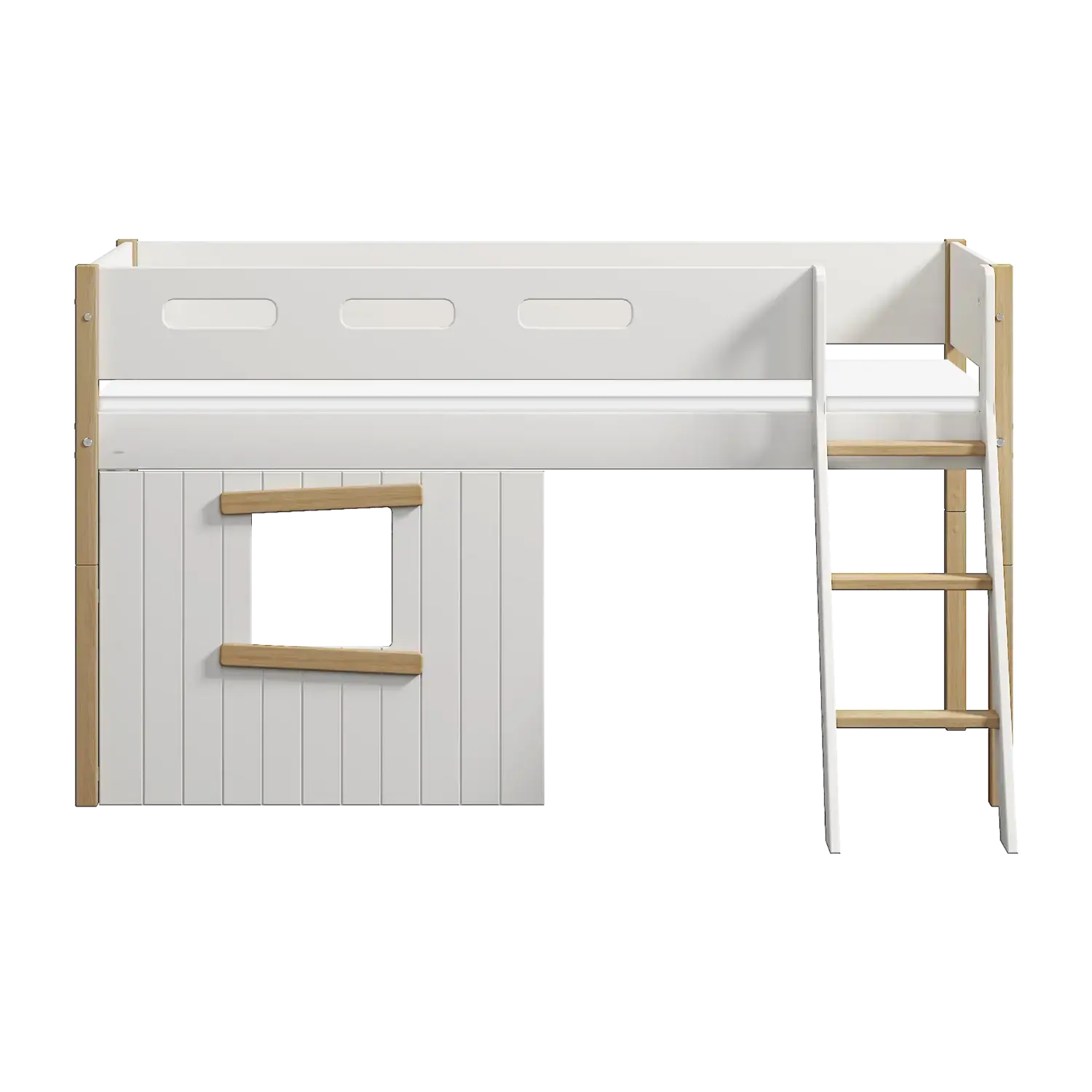 High Bed 120 cm with Treehouse, Ladder and Safety Rail, 90x200 cm, White/Oak - Image 5