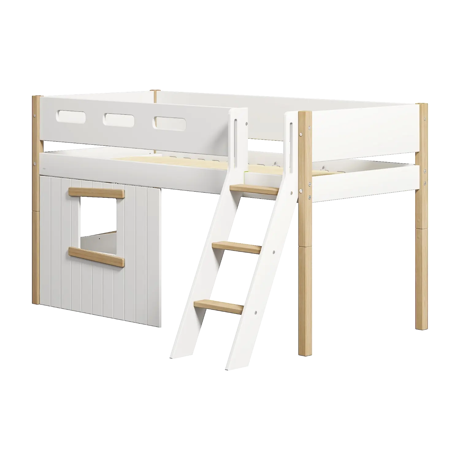 High Bed 120 cm with Treehouse, Ladder and Safety Rail, 90x200 cm, White/Oak - Image 6