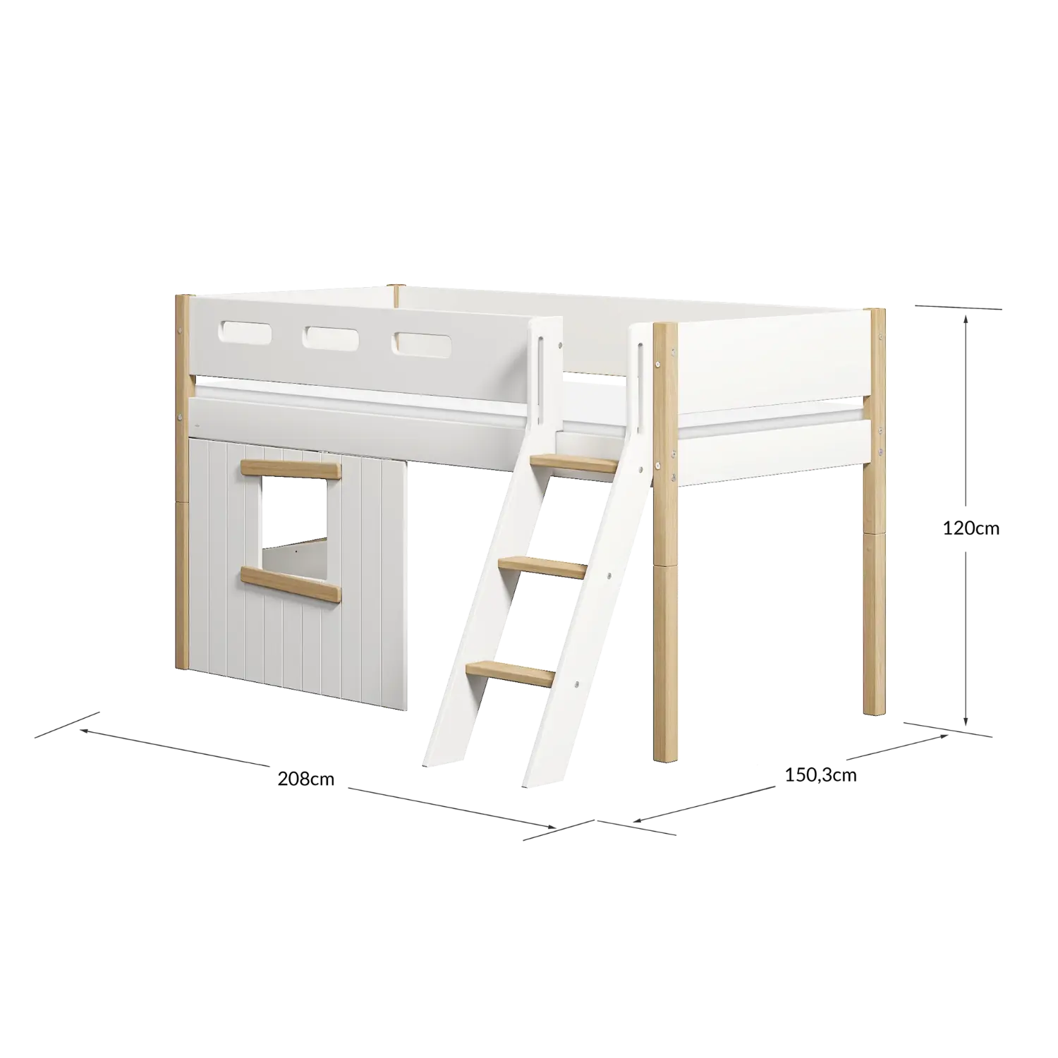 High Bed 120 cm with Treehouse, Ladder and Safety Rail, 90x200 cm, White/Oak - Image 7