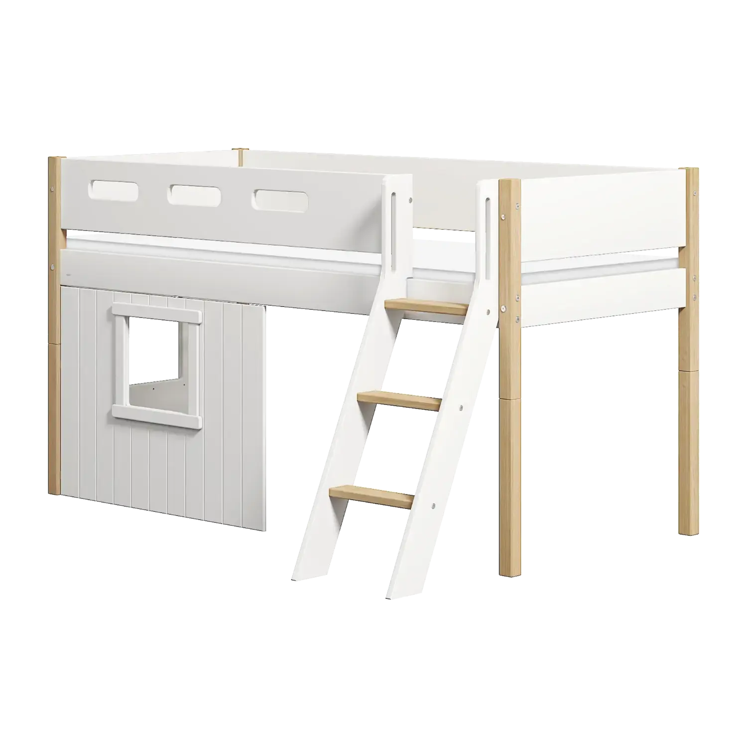 High Bed 120 cm with Treehouse, Ladder and Safety Rail, 90x200 cm, White/Oak