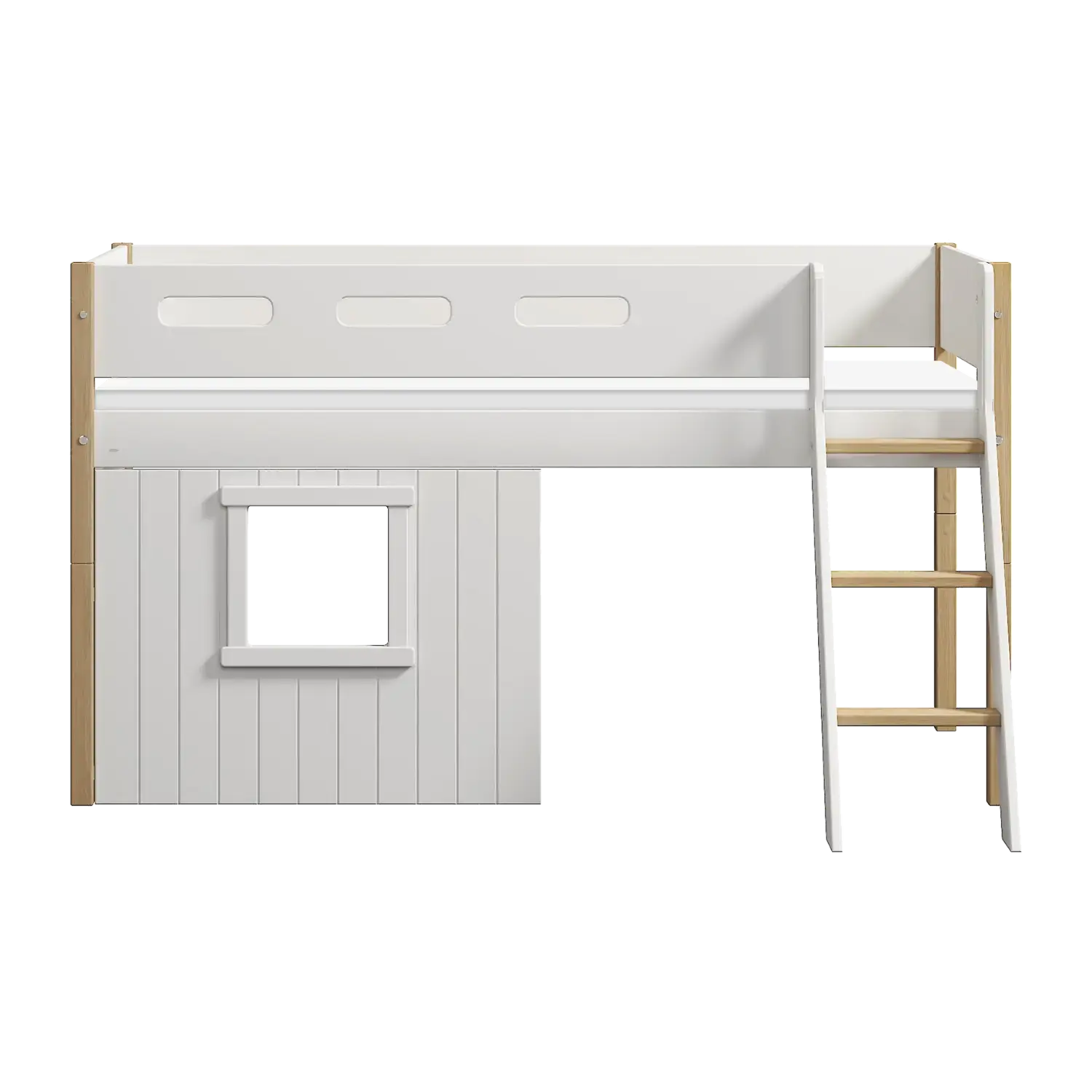 High Bed 120 cm with Treehouse, Ladder and Safety Rail, 90x200 cm, White/Oak - Image 2
