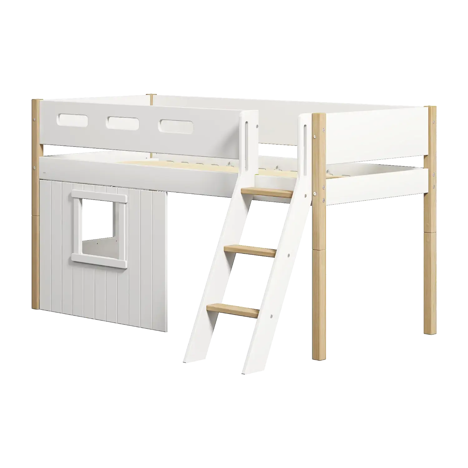 High Bed 120 cm with Treehouse, Ladder and Safety Rail, 90x200 cm, White/Oak - Image 3