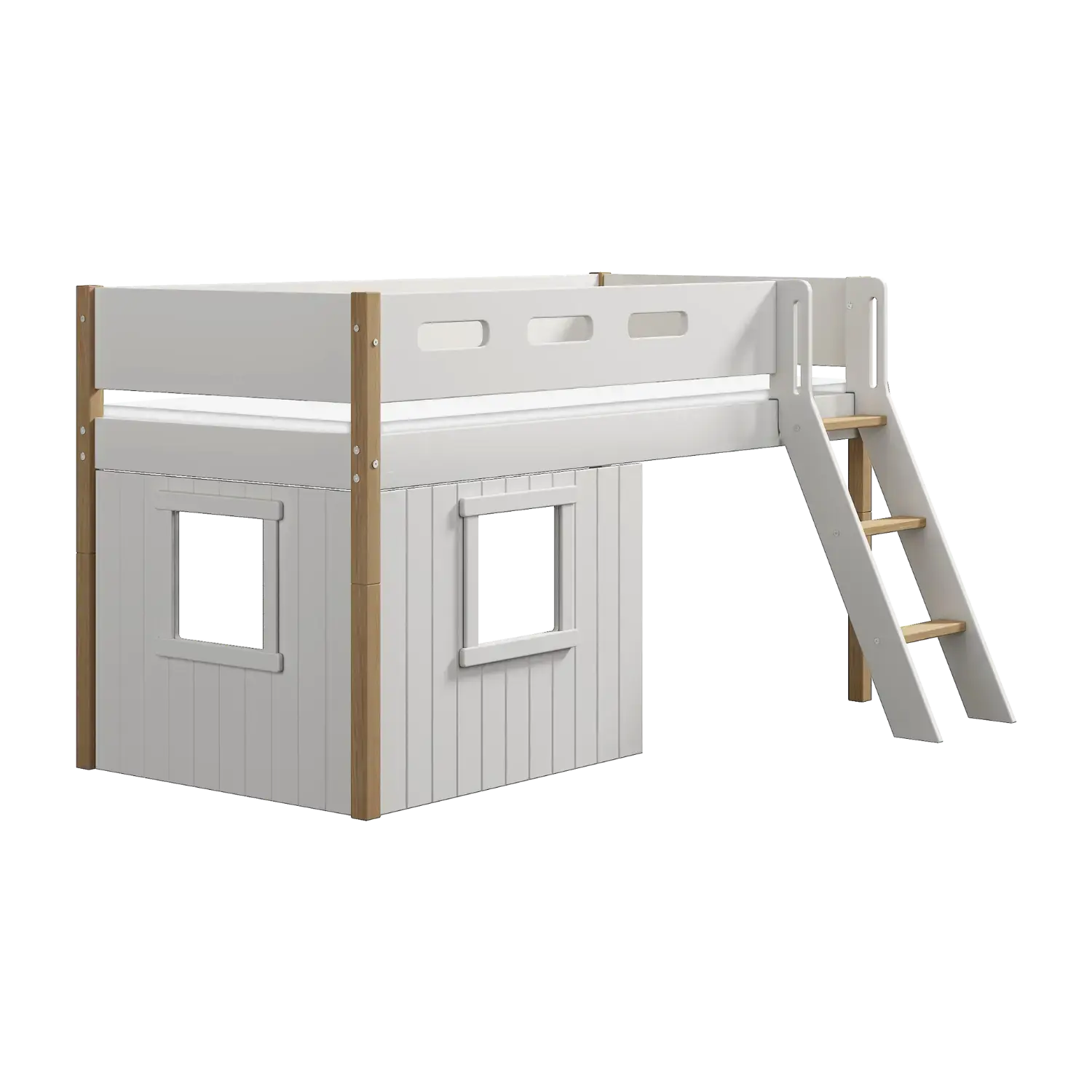 High Bed 120 cm with Treehouse, Ladder and Safety Rail, 90x200 cm, White/Oak - Image 4