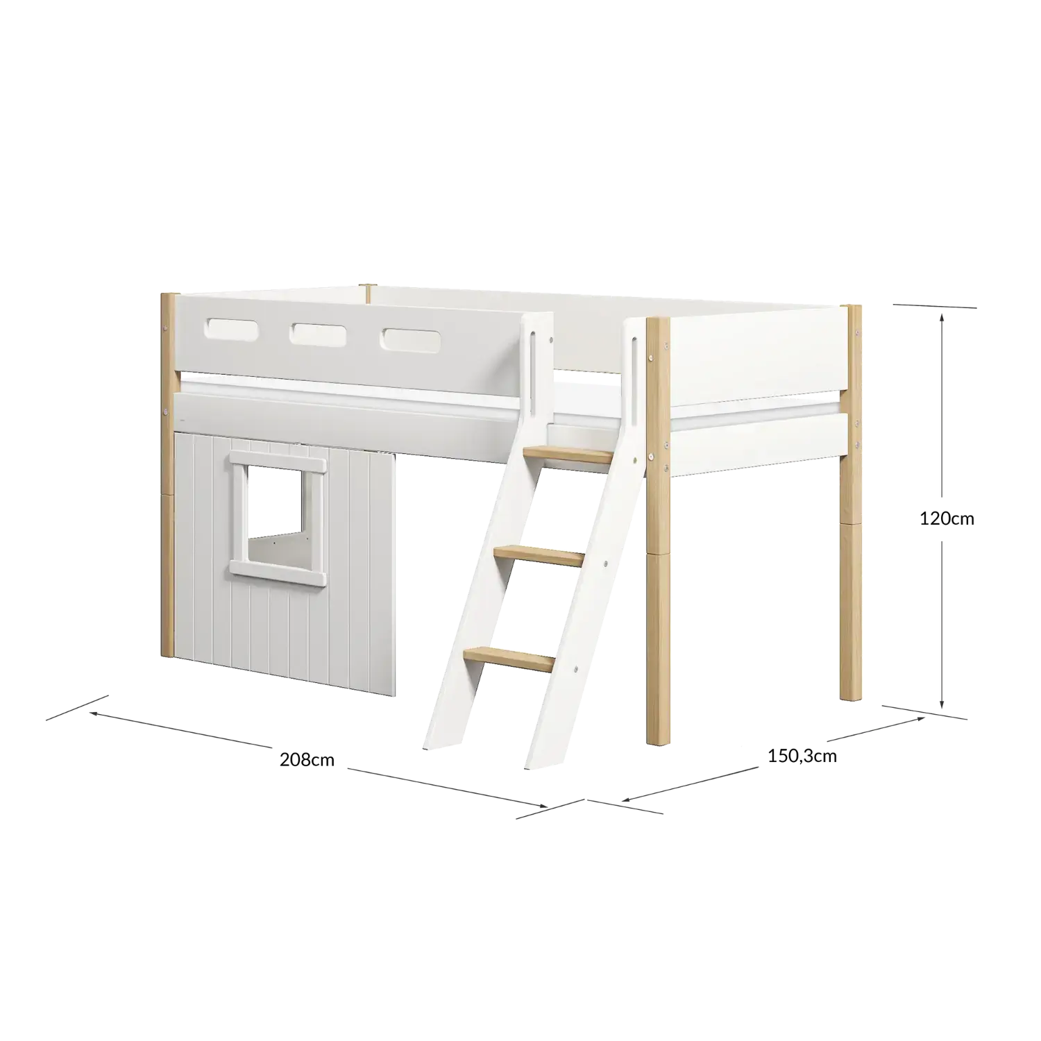 High Bed 120 cm with Treehouse, Ladder and Safety Rail, 90x200 cm, White/Oak - Image 5