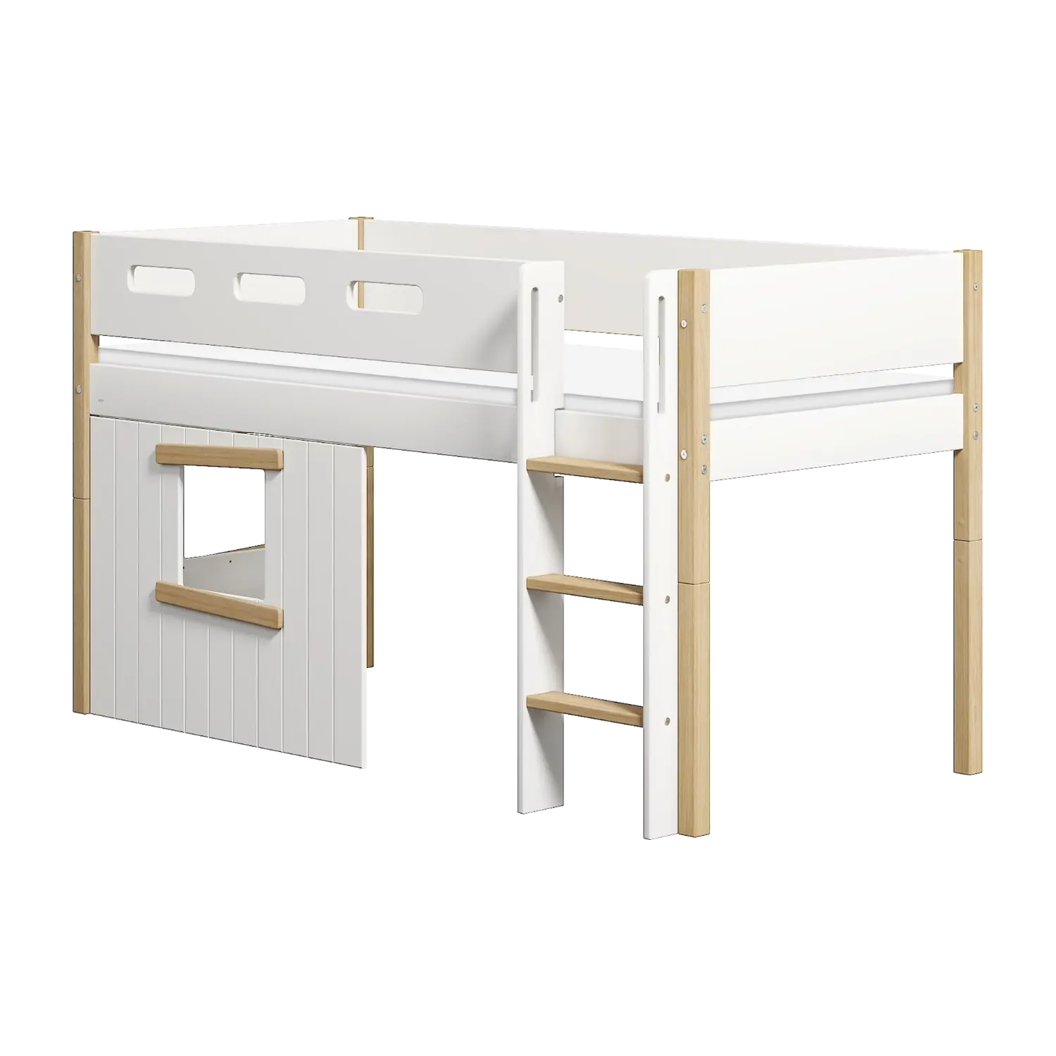 High Bed 120 cm with Treehouse, Ladder and Safety Rail, 90x200 cm, White/Oak
