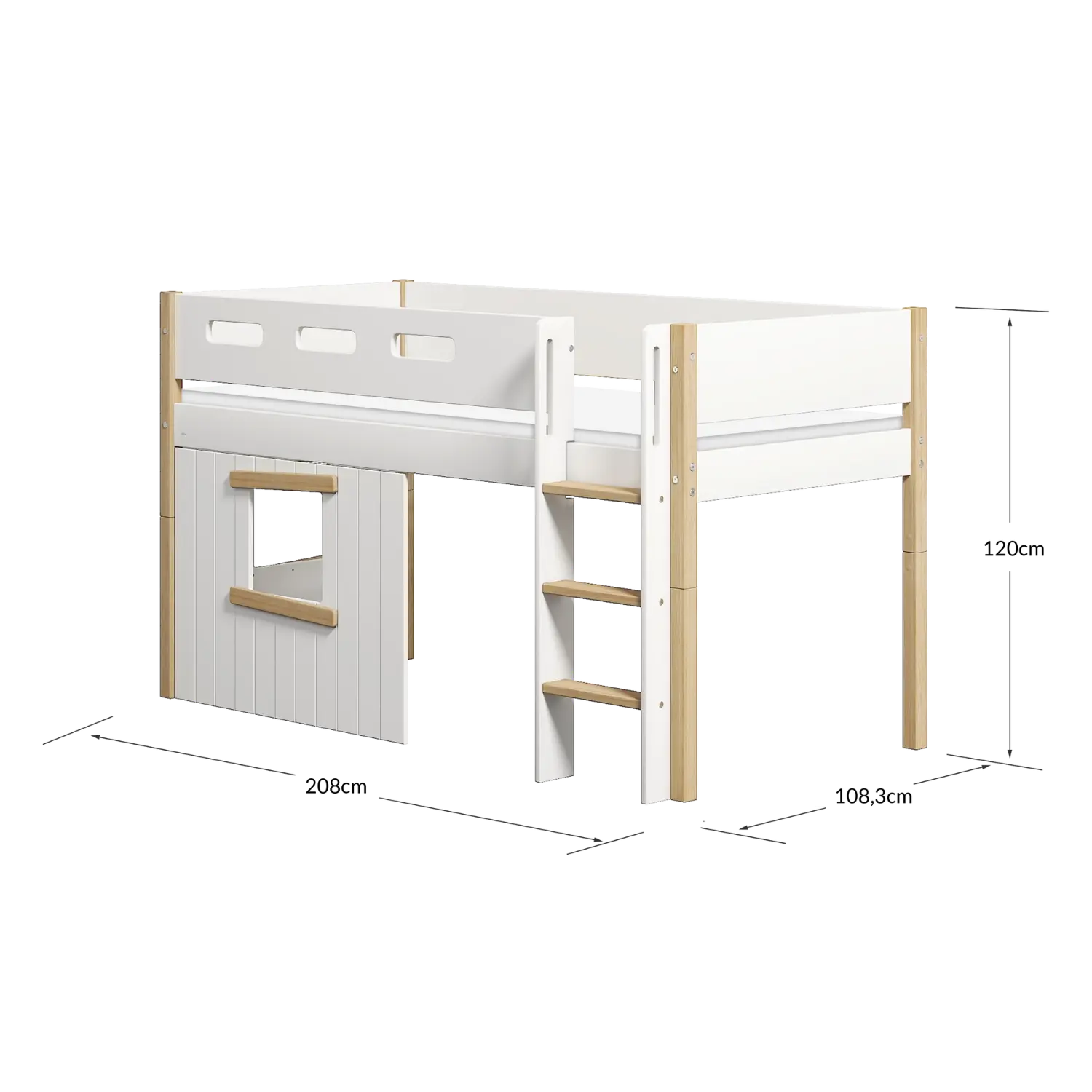 High Bed 120 cm with Treehouse, Ladder and Safety Rail, 90x200 cm, White/Oak - Image 10