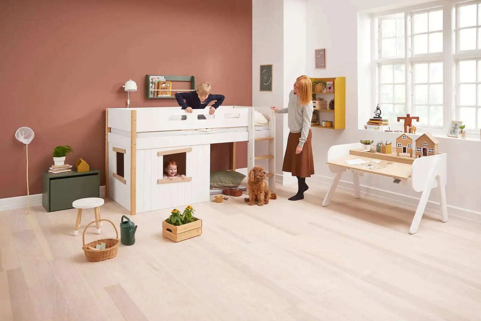 High Bed 120 cm with Treehouse, Ladder and Safety Rail, 90x200 cm, White/Oak - Image 3