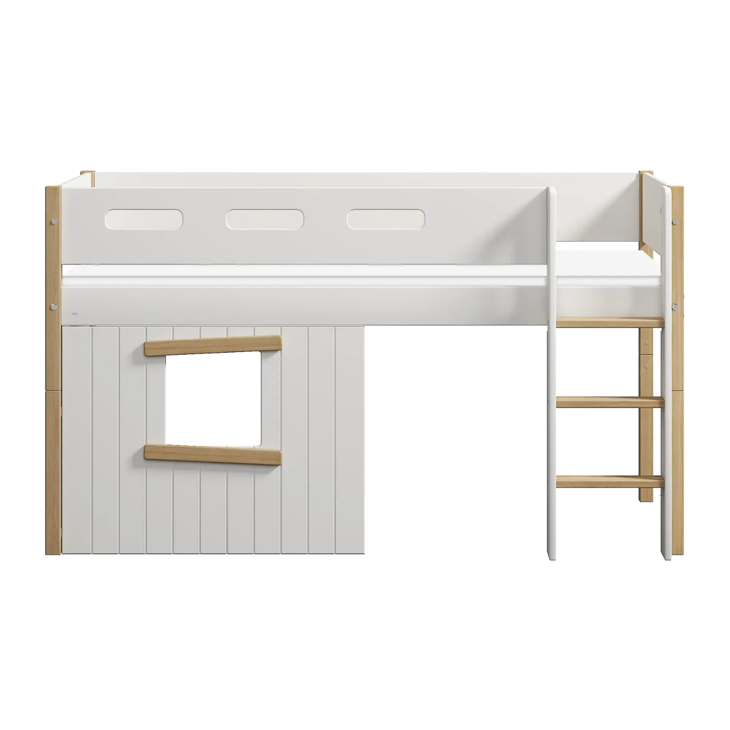 High Bed 120 cm with Treehouse, Ladder and Safety Rail, 90x200 cm, White/Oak - Image 7