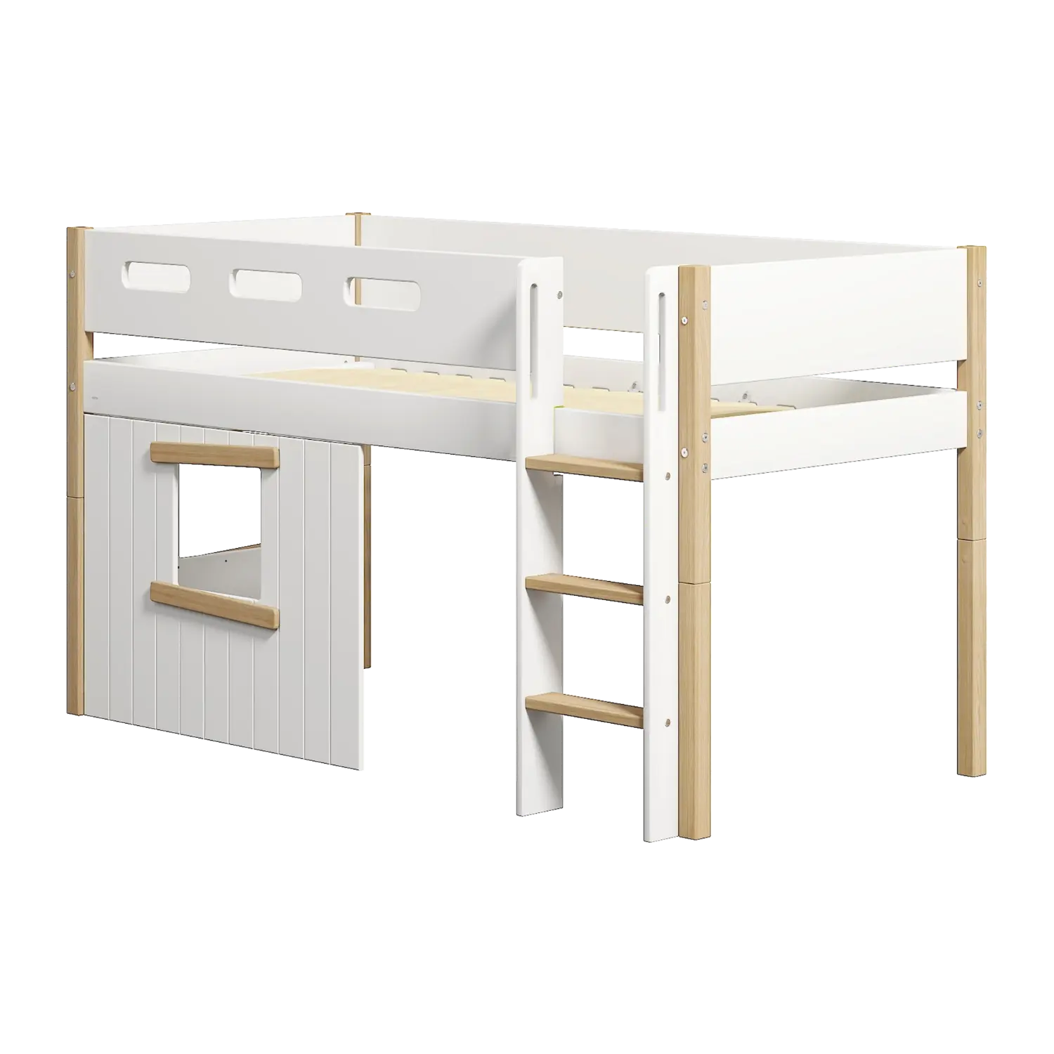High Bed 120 cm with Treehouse, Ladder and Safety Rail, 90x200 cm, White/Oak - Image 8