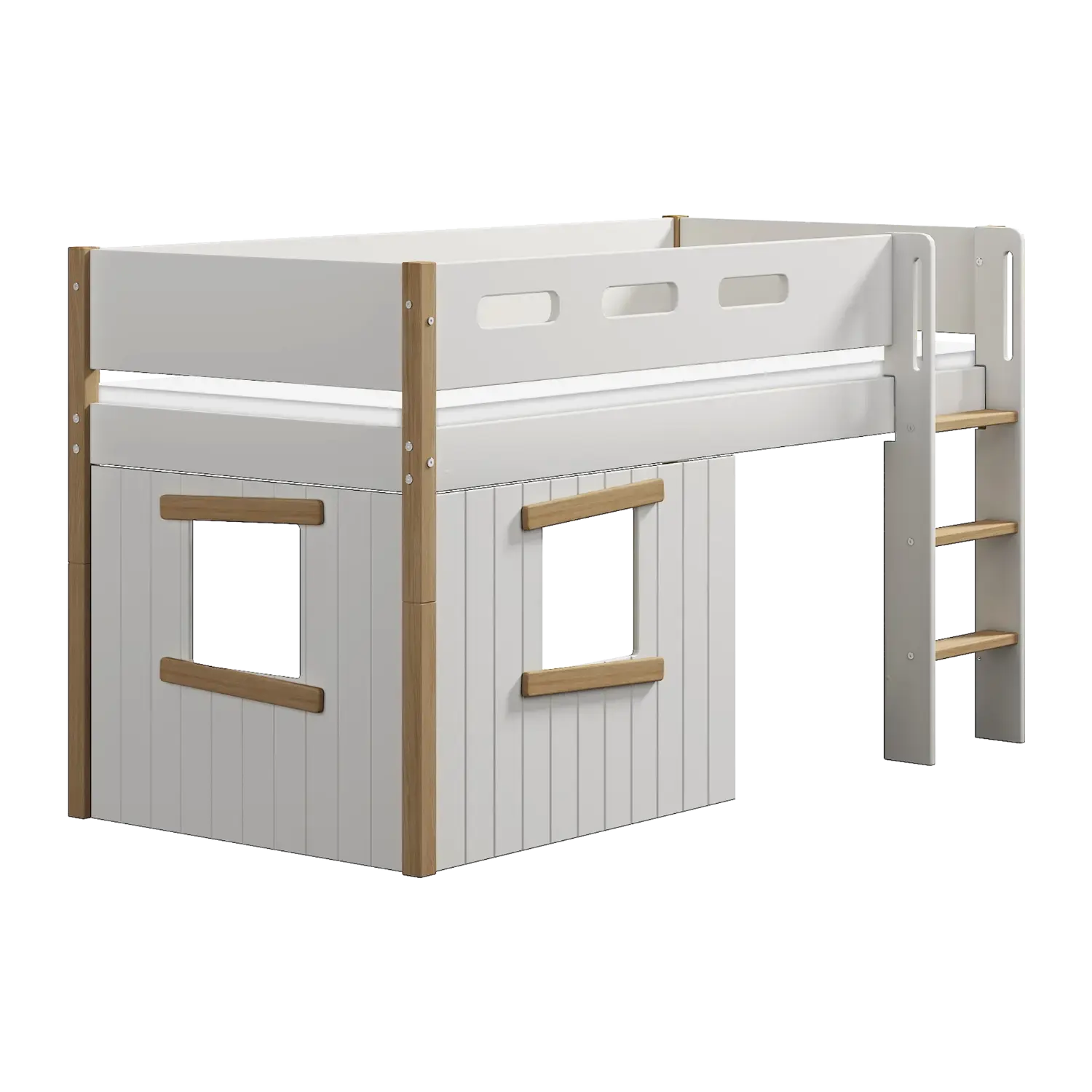 High Bed 120 cm with Treehouse, Ladder and Safety Rail, 90x200 cm, White/Oak - Image 9