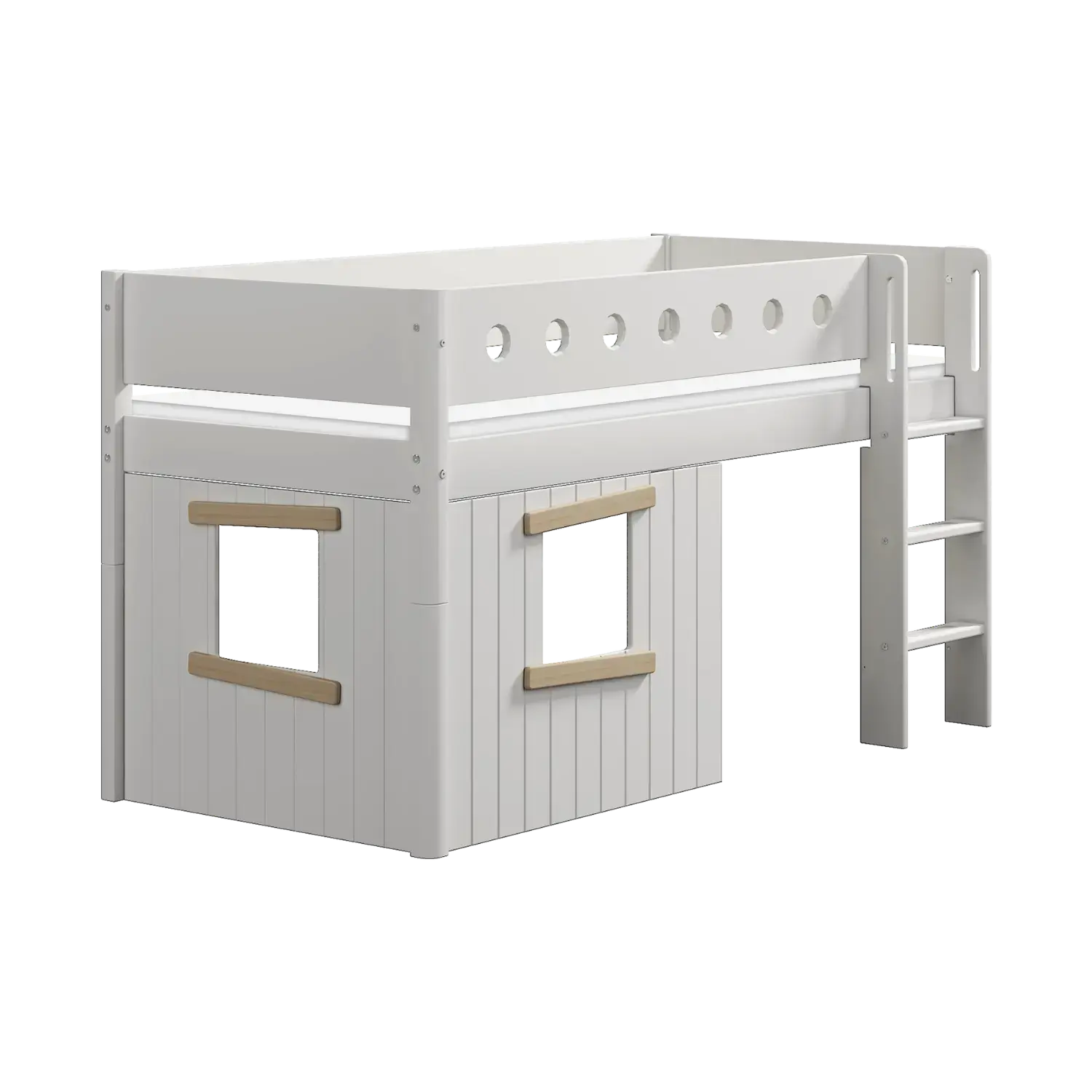 High Bed 120 cm with Treehouse, Ladder and Safety Rail, 90x200 cm, White - Image 3