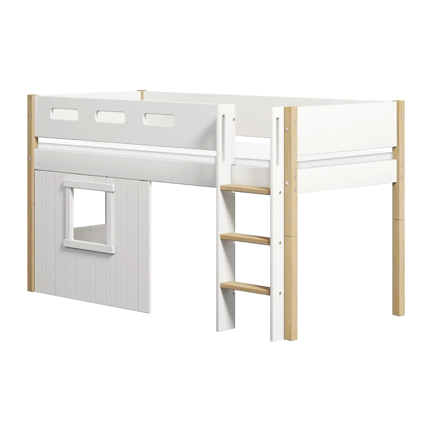 High Bed 120 cm with Treehouse, Ladder and Safety Rail, 90x200 cm, White/Oak