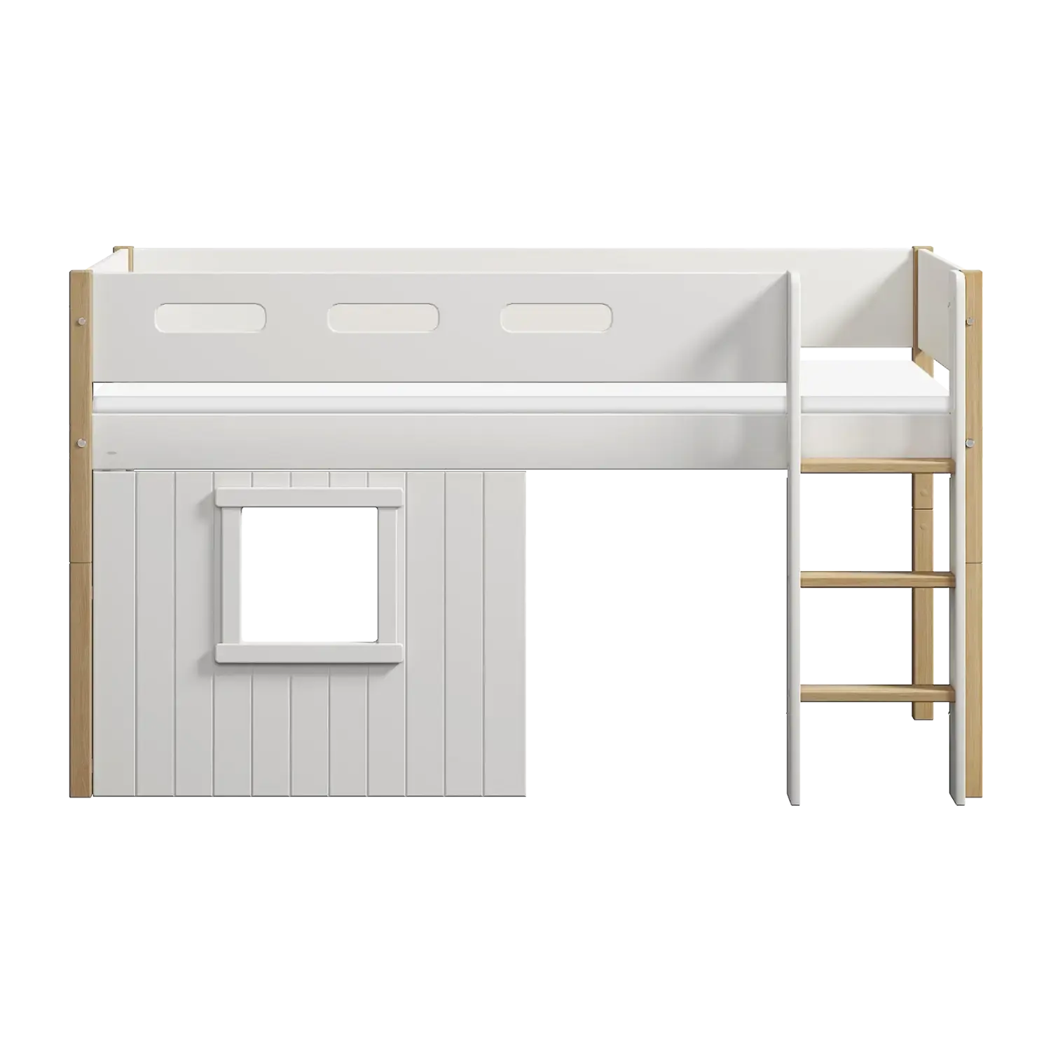 High Bed 120 cm with Treehouse, Ladder and Safety Rail, 90x200 cm, White/Oak - Image 4