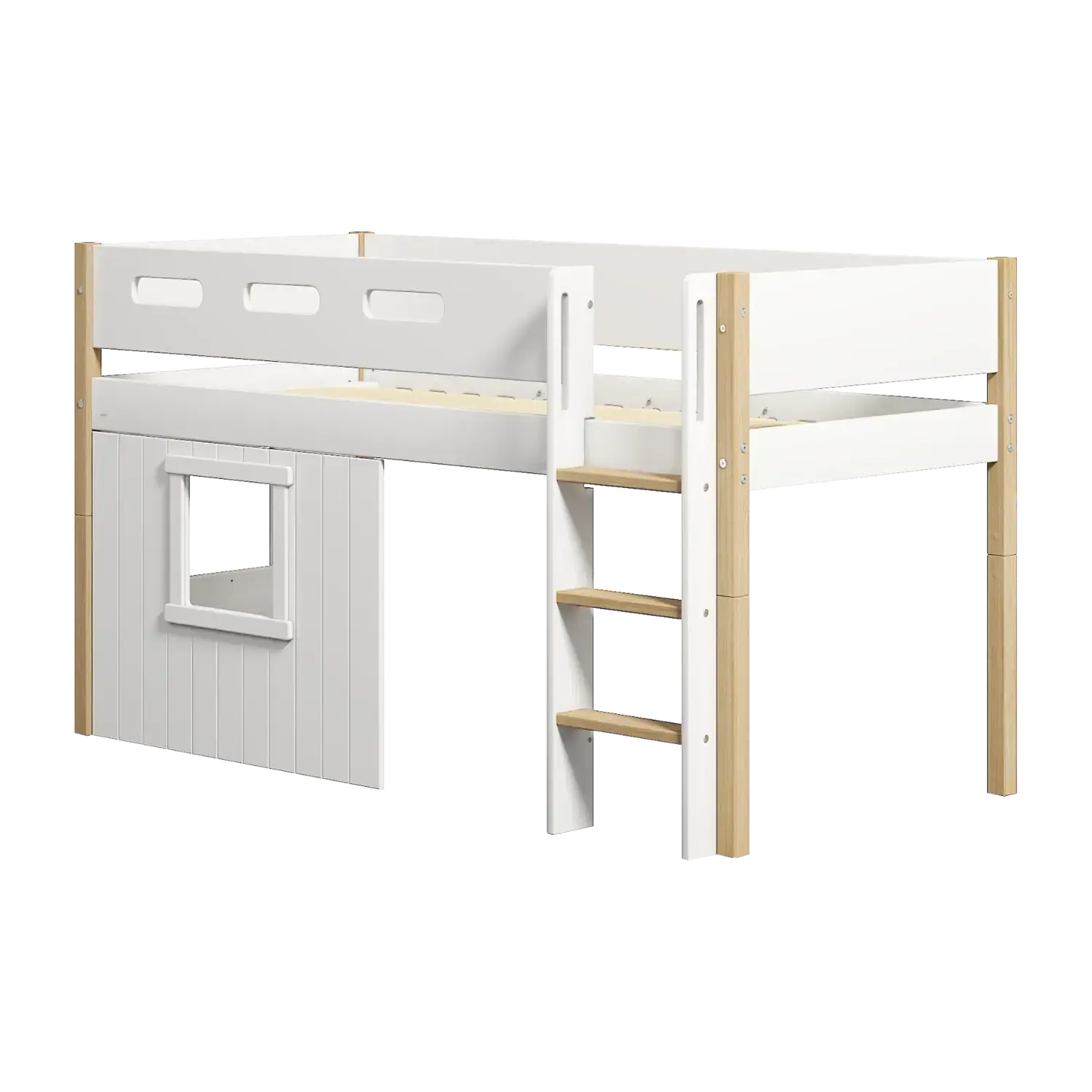 High Bed 120 cm with Treehouse, Ladder and Safety Rail, 90x200 cm, White/Oak - Image 5