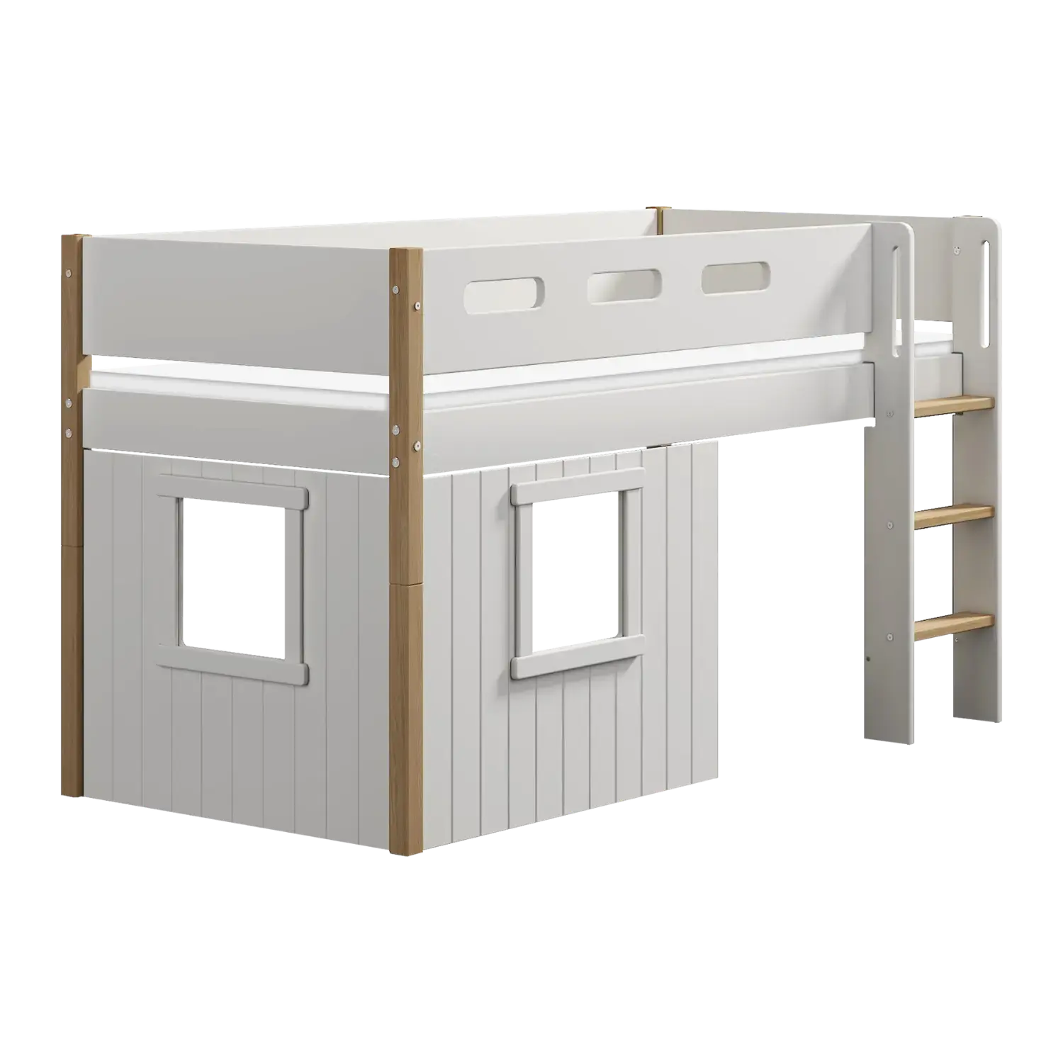 High Bed 120 cm with Treehouse, Ladder and Safety Rail, 90x200 cm, White/Oak - Image 6