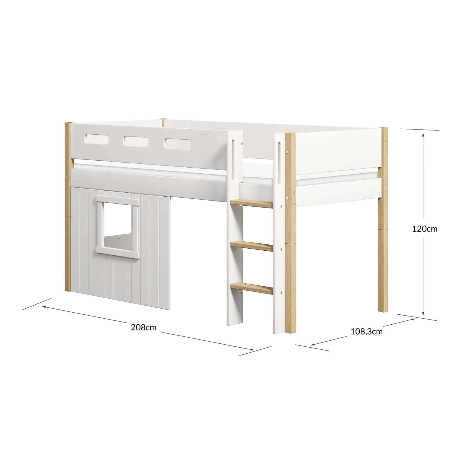 High Bed 120 cm with Treehouse, Ladder and Safety Rail, 90x200 cm, White/Oak - Image 7