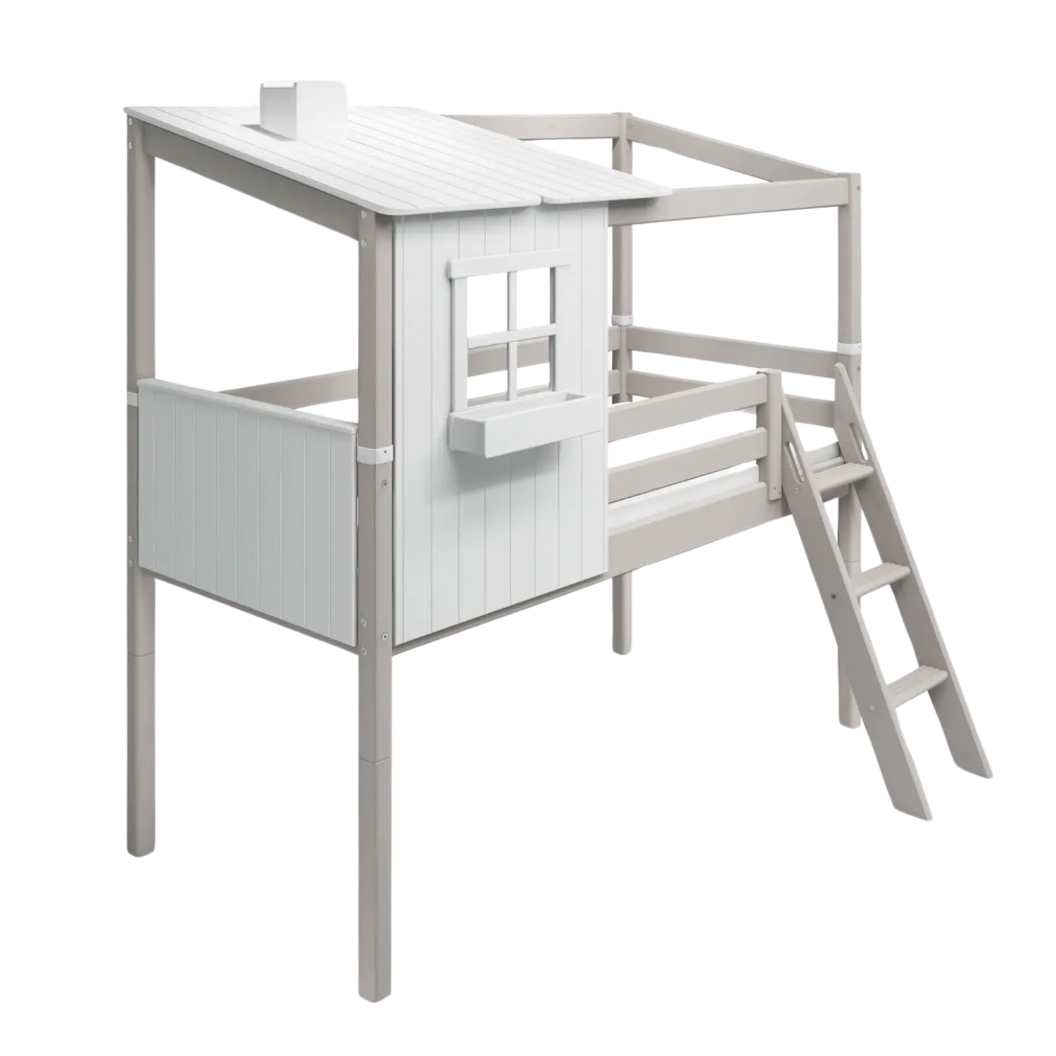 Mid-High Bed with 1/2 Classic House, 90x200 cm, White/Grey